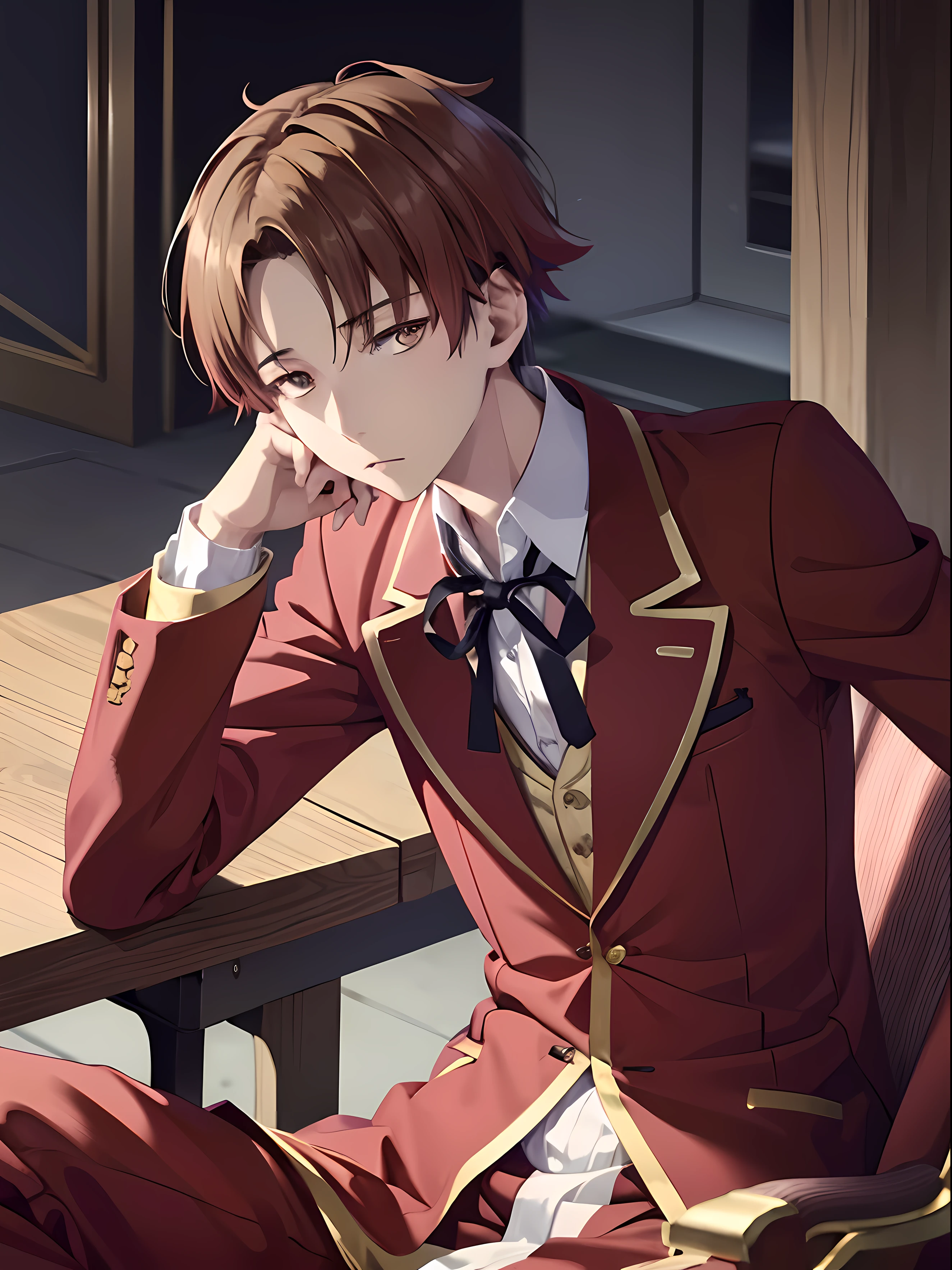 1boy , ayanokoji kiyotaka , sitting , looking at the viewer , sitting on a throne , like a king , kings dress , apathetic face , cold eyes , staring at the viewer , no emotion , royalty , masterpiece , ultra sharp , high contrast , wallpaper , golden glow in eyes ,