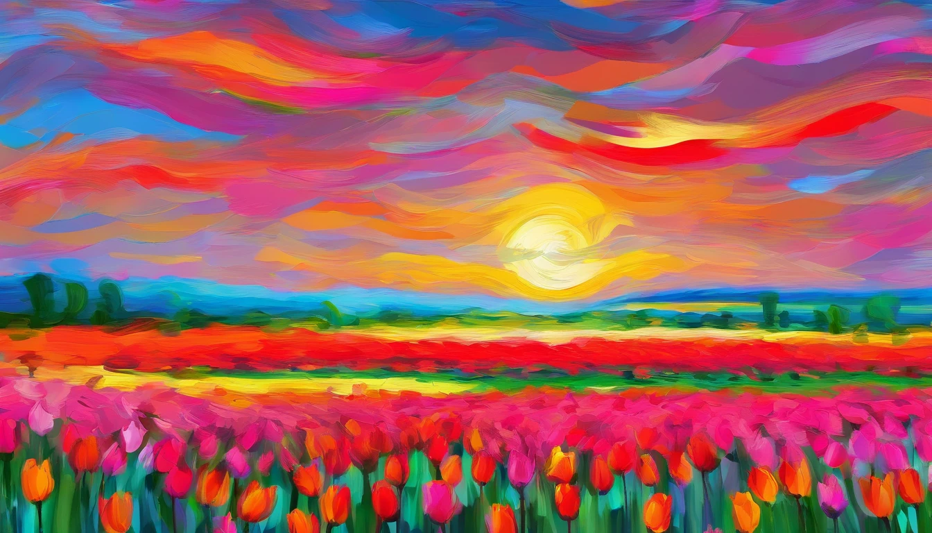 A masterpiece of canvas in the style of Claude Monet,Tulip fields in the Netherlands