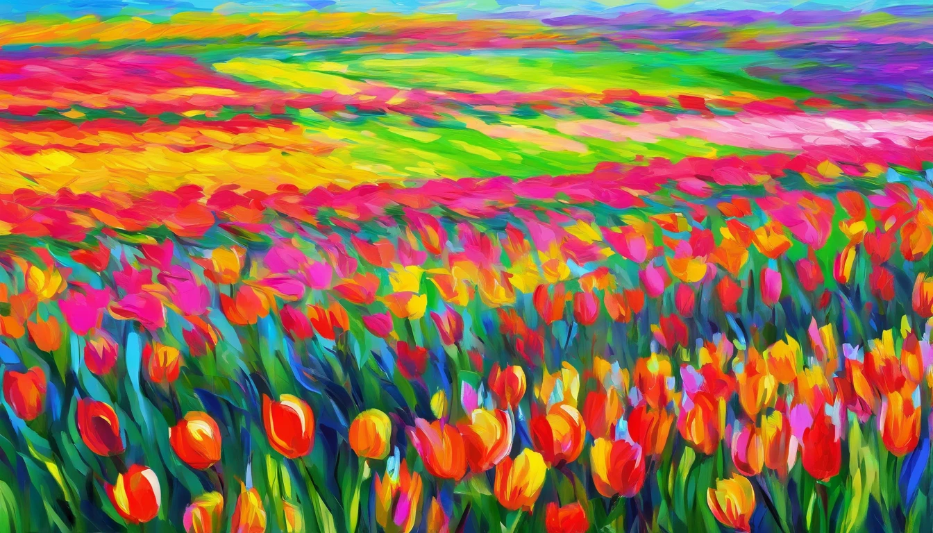 A masterpiece of canvas in the style of Claude Monet,Tulip fields in the Netherlands