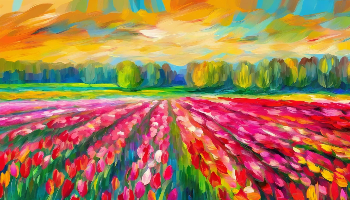 A masterpiece of canvas in the style of Claude Monet,Tulip fields in the Netherlands