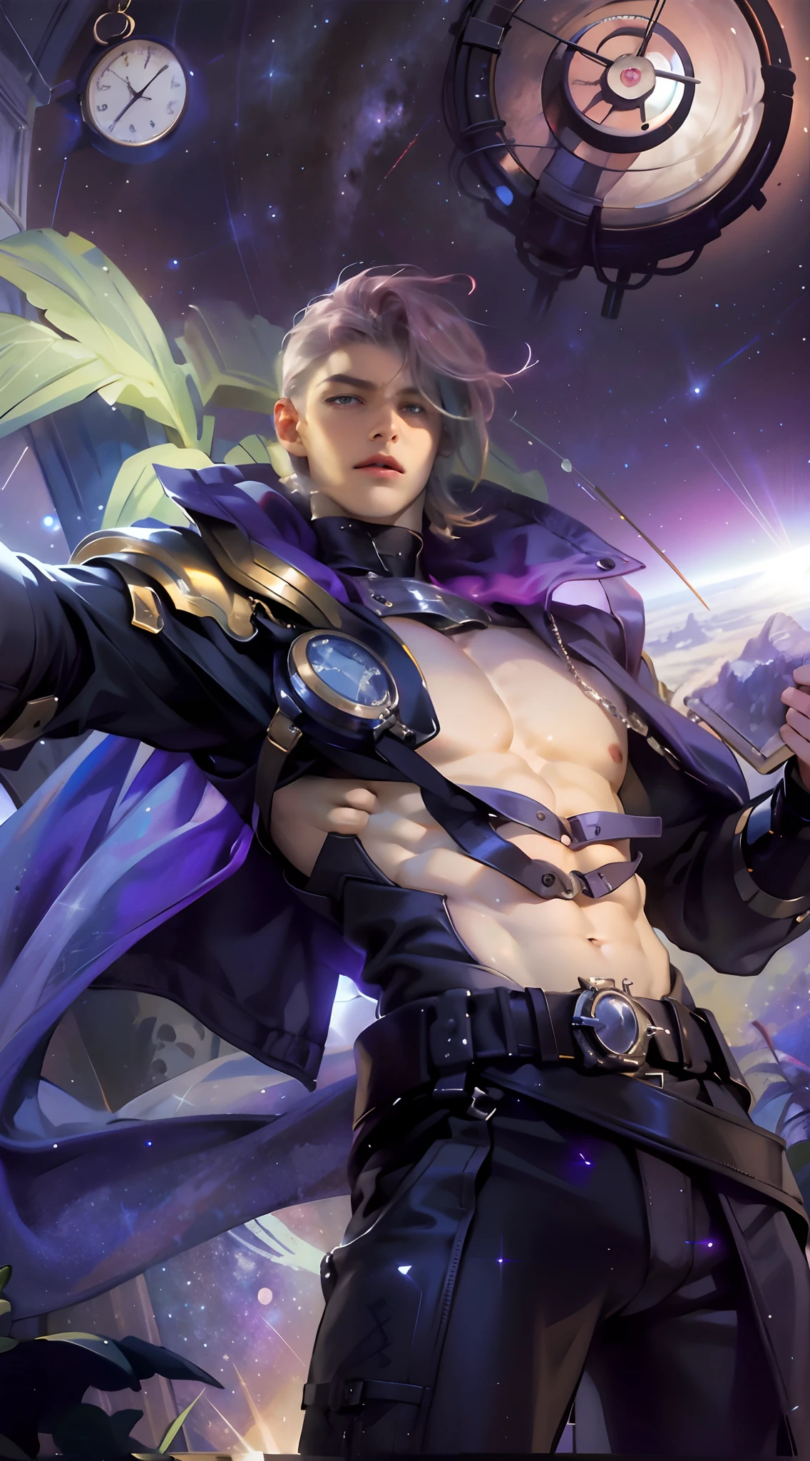 8K, Best Quality, Masterpiece, Ultra High Definition, (Realistic: 1.4), Original Image, (Realistic Skin Texture: 1.3), (Film Grain: 1.3), (Selfie Angle), (1 Boy), (Short Hair), (Pink Hair), Beautiful Eyes And Face Detail, Masterpiece, Best Quality, Close Up, Toned Body, Perfect Muscles, Exposed Chest Muscles, Body 6 packs, Natural skin, Hairless, Shirtless, Transparent white briefs, (Standing boy), (Science fiction, Space and time, Clock, Starry sky, Clouds)