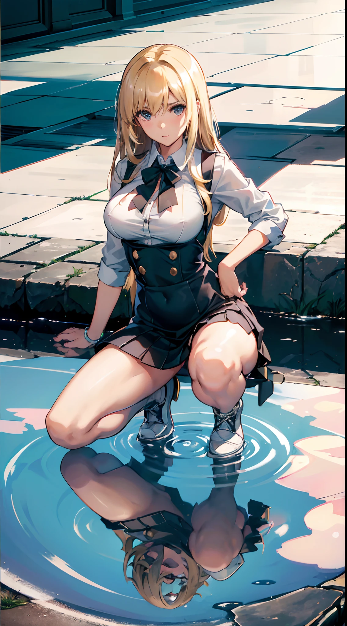 (A MILF),(((matured male)))​,top-quality, ultra-definition, max resolution, A highly detailed,Large breasts,Sunny days、(waitresses, a miniskirt,The ground is a puddle、The figure is reflected in a puddle、Panties are reflected in a puddle)、White panties are visible,Inside the  shop,From above,squatting