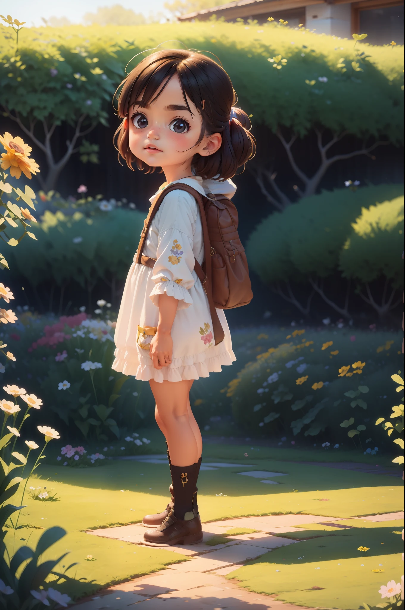 A very attractive girl with a backpack and a cute dog、Enjoying a cute spring excursion surrounded by beautiful yellow flowers and nature. Illustrations are high-definition illustrations in 4K resolution、Features highly detailed facial features and cartoon-style visuals