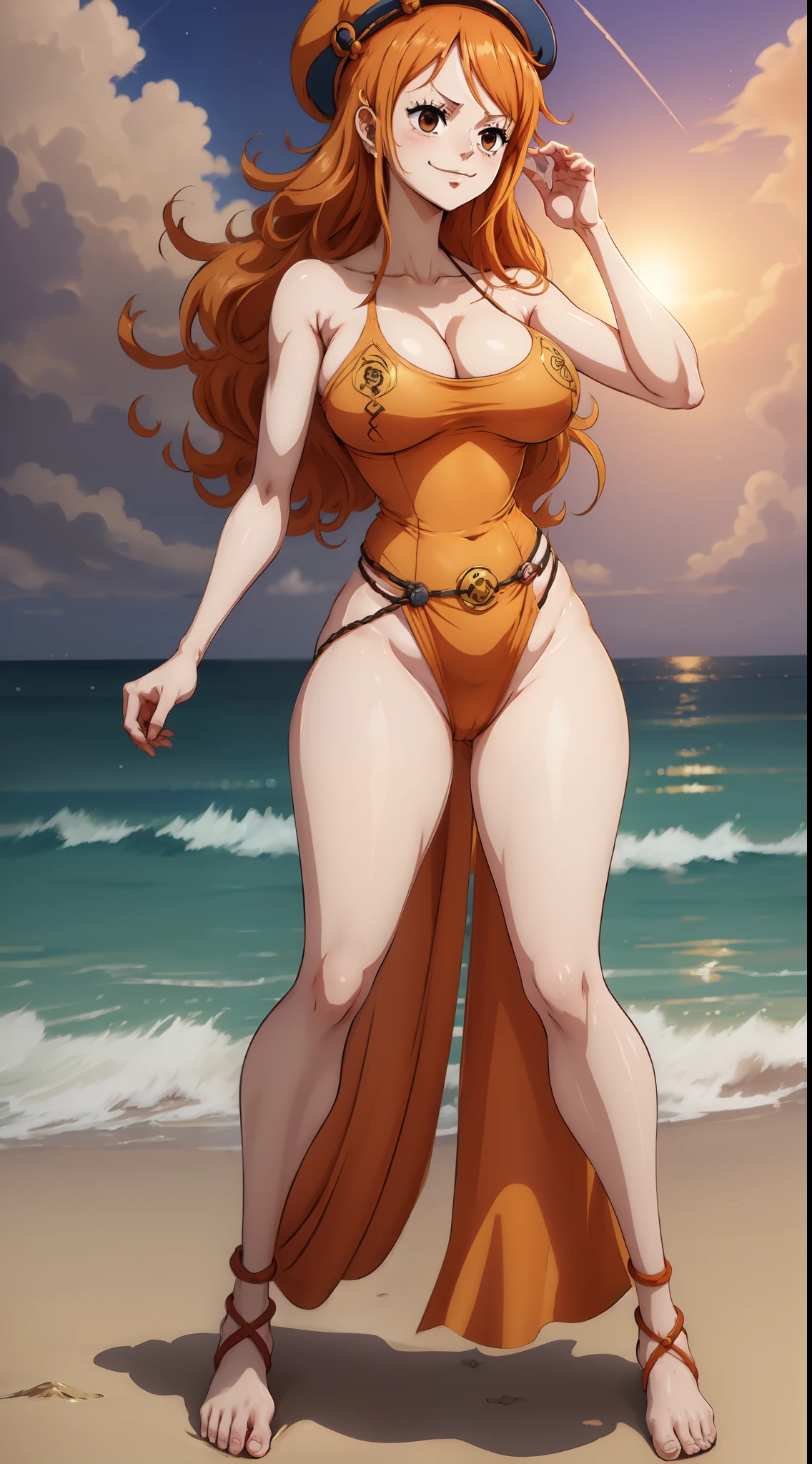 (ANIME ART STYLE) nami (ONE PIECE), with orange long hair, brown eyes, blushing, dynamic pose, standing on the beach, NSFW,breast curtains,jiangshi, qing_guanmao, sunrise, joyfully expression.full body view,