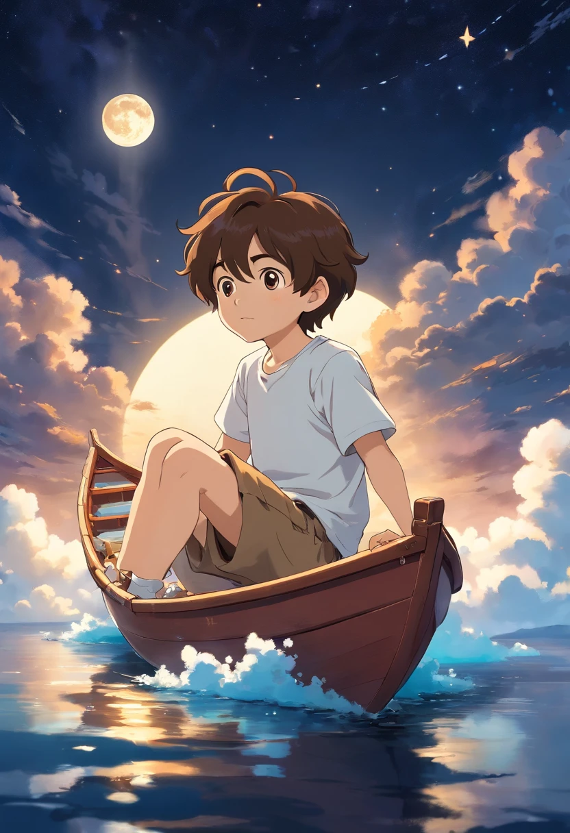 Young boy, brown hair, wearing white t-shirt, wearing brown shorts, sitting in small boat which sits on a cloud in the sky, night with moon and stars in the background.
