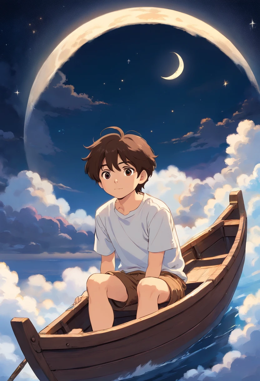 Young boy, brown hair, wearing white t-shirt, wearing brown shorts, sitting in small boat which sits on a cloud in the sky, night with moon and stars in the background.