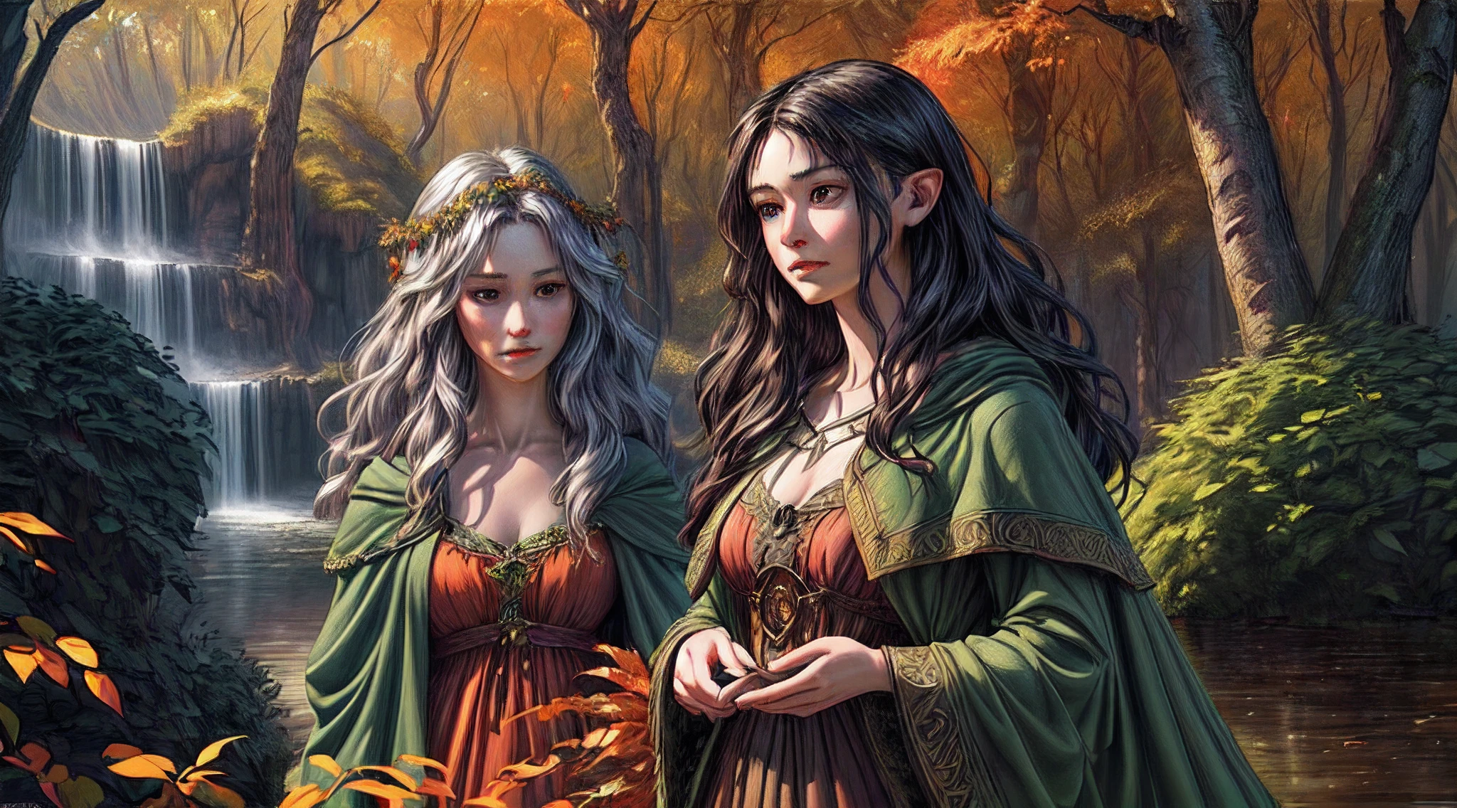 high details, Fantasy Poster, best quality, 8k, [ultra detailed], masterpiece, best quality, Photorealistic , dynamic angle, ultra wide shot, photorealistic, fantasy art, dnd art, rpg art, realistic art, an ultra wide picture of druid grove in a fantasy autumn forest and its druid warden observing all, a fantasy forest (intricate details, Masterpiece, best quality: 1.5), (at autumn: 1.5), in orange, red, yellow brown leaves, many trees, a stream of water (intricate details, Masterpiece, best quality: 1.5), waterfall (intricate details, Masterpiece, best quality: 1.5), human female druid, full body (intricate details, Masterpiece, best detailed: 1.5), exquisite beautiful woman druid (intricate details, Masterpiece, best detailed: 1.5), ultra detailed face (intricate details, Masterpiece, best detailed: 1.6), black hair, long hair, wavy hair (intricate details, Masterpiece, best quality: 1.5),, dynamic eyes color, fair skin, wearing blue cloak (intricate details, Masterpiece, best quality: 1.5), green robe (intricate details, Masterpiece, best quality: 1.5), cinematic light, pastoral atmosphere, divine light, gods rays, hyperrealistic, Photorealistic, 16k, RAW, award winning, [ultra detailed], masterpiece, best quality, (ultra detailed), full body, ultra wide shot, photorealistic,
