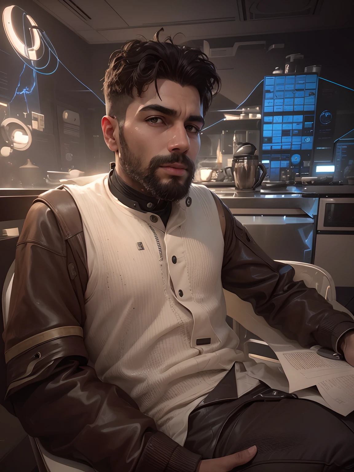Boy with coffee futuristic background realistic face 8k ultra high quality hd