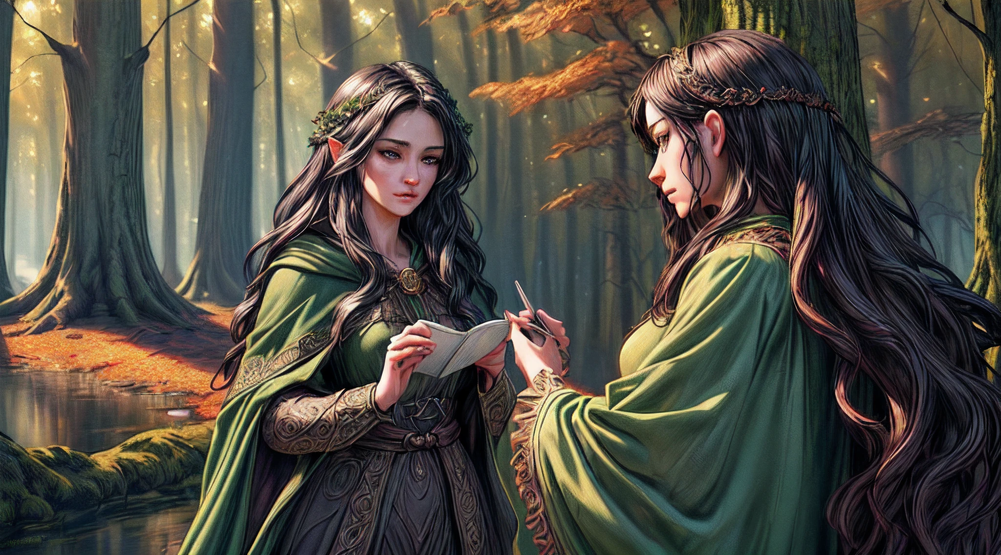 high details, Fantasy Poster, best quality, 8k, [ultra detailed], masterpiece, best quality, Photorealistic , dynamic angle, ultra wide shot, photorealistic, fantasy art, dnd art, rpg art, realistic art, an ultra wide picture of druid grove in a fantasy autumn forest and its druid warden observing all, a fantasy forest (intricate details, Masterpiece, best quality: 1.5), (at autumn: 1.5), in orange, red, yellow brown leaves, many trees, a stream of water (intricate details, Masterpiece, best quality: 1.5), waterfall (intricate details, Masterpiece, best quality: 1.5), human female druid, full body (intricate details, Masterpiece, best detailed: 1.5), exquisite beautiful woman druid (intricate details, Masterpiece, best detailed: 1.5), ultra detailed face (intricate details, Masterpiece, best detailed: 1.6), black hair, long hair, wavy hair (intricate details, Masterpiece, best quality: 1.5),, dynamic eyes color, fair skin, wearing blue cloak (intricate details, Masterpiece, best quality: 1.5), green robe (intricate details, Masterpiece, best quality: 1.5), cinematic light, pastoral atmosphere, divine light, gods rays, hyperrealistic, Photorealistic, 16k, RAW, award winning, [ultra detailed], masterpiece, best quality, (ultra detailed), full body, ultra wide shot, photorealistic,