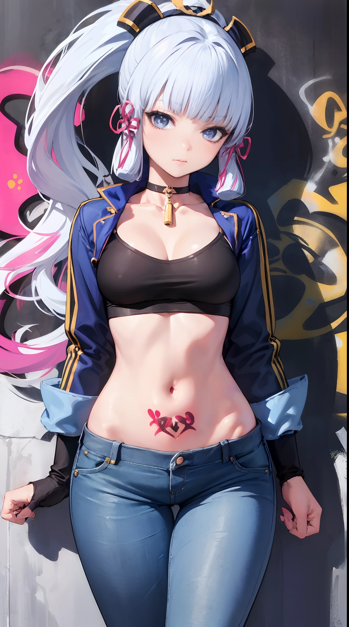 kamisato ayaka|genshin impact, master-piece, bestquality, 1girls,25 years old, proportional body, elongated legs, Beautiful, proportional., crop top, Long Jeans, mediuml breasts, ,bara, crop top, choker, (Graffiti:1.5), Splash with purple lightning pattern., arm behind back, against wall, View viewers from the front., Thigh strap, Head tilt, bored,(NSTDA.:1.2), (10, beste-Qualit, master-piece: 1.4), Beautiful red hair, ultra-high resolution, (lifelike, photorealistic portrait: 1.48), 20 age, Cute Girl, (Looking Through Crop Tops.), Famous Japanese actors, beautiful clear eyes, Head tilt, cowboy shot, from the front, looking at the audience, expressionless, Beautiful lake, Zeiss 150mm F/ 2.8 Hasselblad, Whole body, foot, Ultra-Wide Angle,