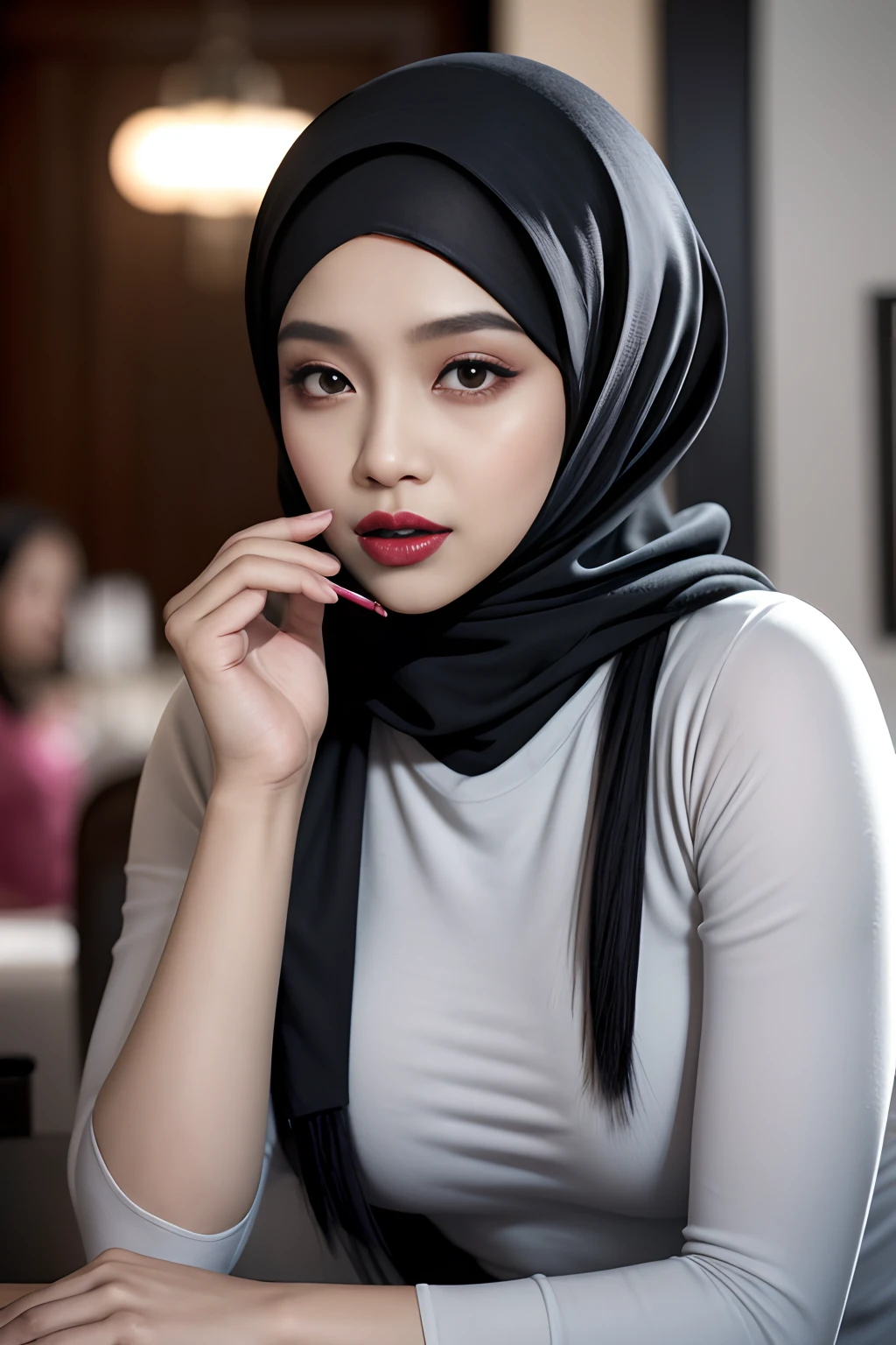 Design a striking advertisement where a Malay girl in hijab confidently showcases a vibrant range of lipsticks, each shade symbolizing a different facet of her personality and style, empowering viewers to embrace self-expression through makeup