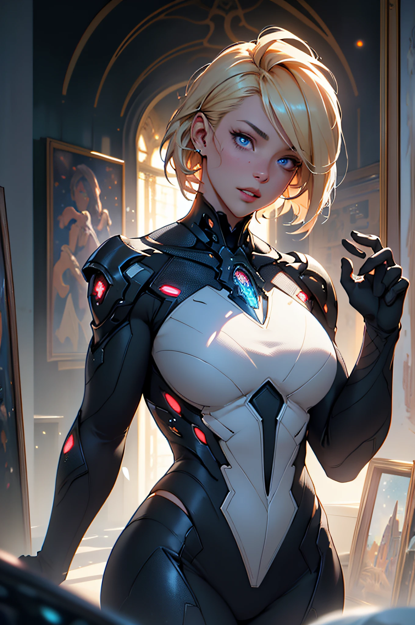Highly detailed RAW color photo, beautiful young woman, short blonde hair, dynamic pose, (wide hips), (detailed skin), (detailed lips), (detailed eyes), (cosmic: 1.4), (necropolis: 1.1), (science fiction setting) (detailed face), (curvy), detailed eyes, chromatic aberration, depth of field, soft lighting, masterpiece, best quality, intricate, (lens reflection: 0.7), (flowering: 0.7), particle effects, ray tracing, tone mapping, highly detailed, concept art, smooth, sharp focus, dramatic lighting, highly detailed art, cinematic, hyper-realistic painting, trending on Artstation, 8K, amazing shadows, realistic, (highly detailed background: 1.2), mid-journey art
