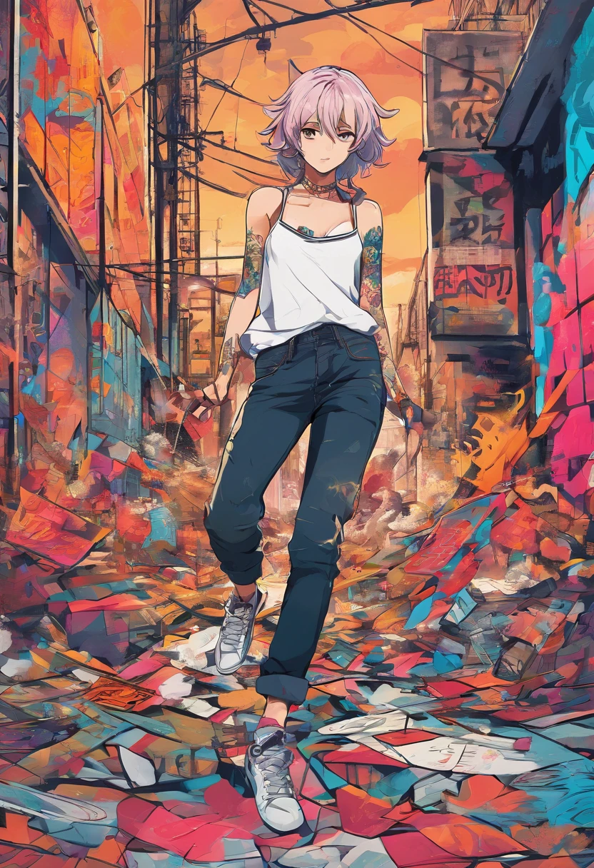 Anime illustration of a young supermodel with a toned physique, In a spicy punk crop top, Low Rise Pants, Messy Short Hair, Demonstration of various intricate tattoos, confidently standing in the middle of an abandoned street in Chiba. . Anime style, Key Visual, Vibrants, Studio anime, Highly detailed