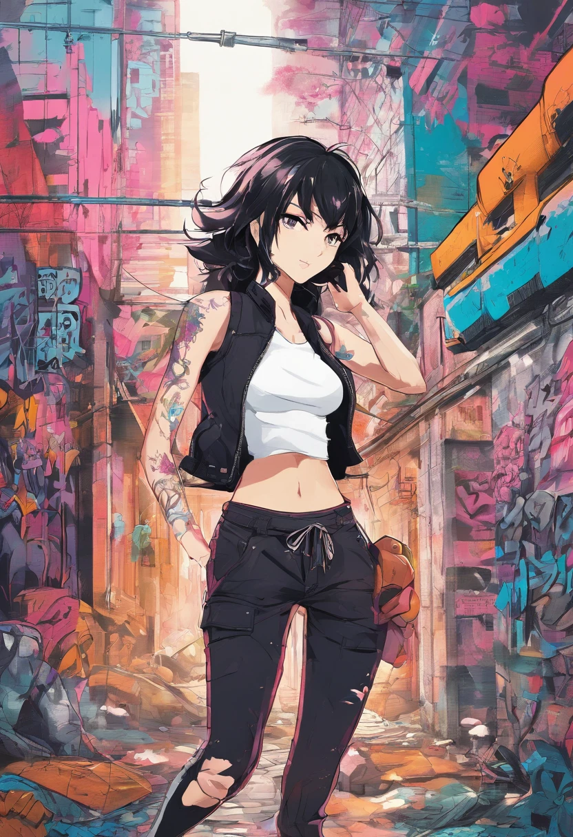 Anime illustration of a young supermodel with a toned physique, In a spicy punk crop top, Low Rise Pants, Messy Short Hair, Demonstration of various intricate tattoos, confidently standing in the middle of an abandoned street in Chiba. . Anime style, Key Visual, Vibrants, Studio anime, Highly detailed