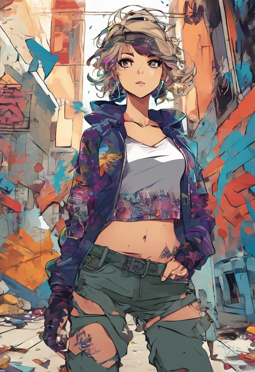 Anime illustration of a young supermodel with a toned physique, In a spicy punk crop top, Low Rise Pants, Messy Short Hair, Demonstration of various intricate tattoos, confidently standing in the middle of an abandoned street in Chiba. . Anime style, Key Visual, Vibrants, Studio anime, Highly detailed