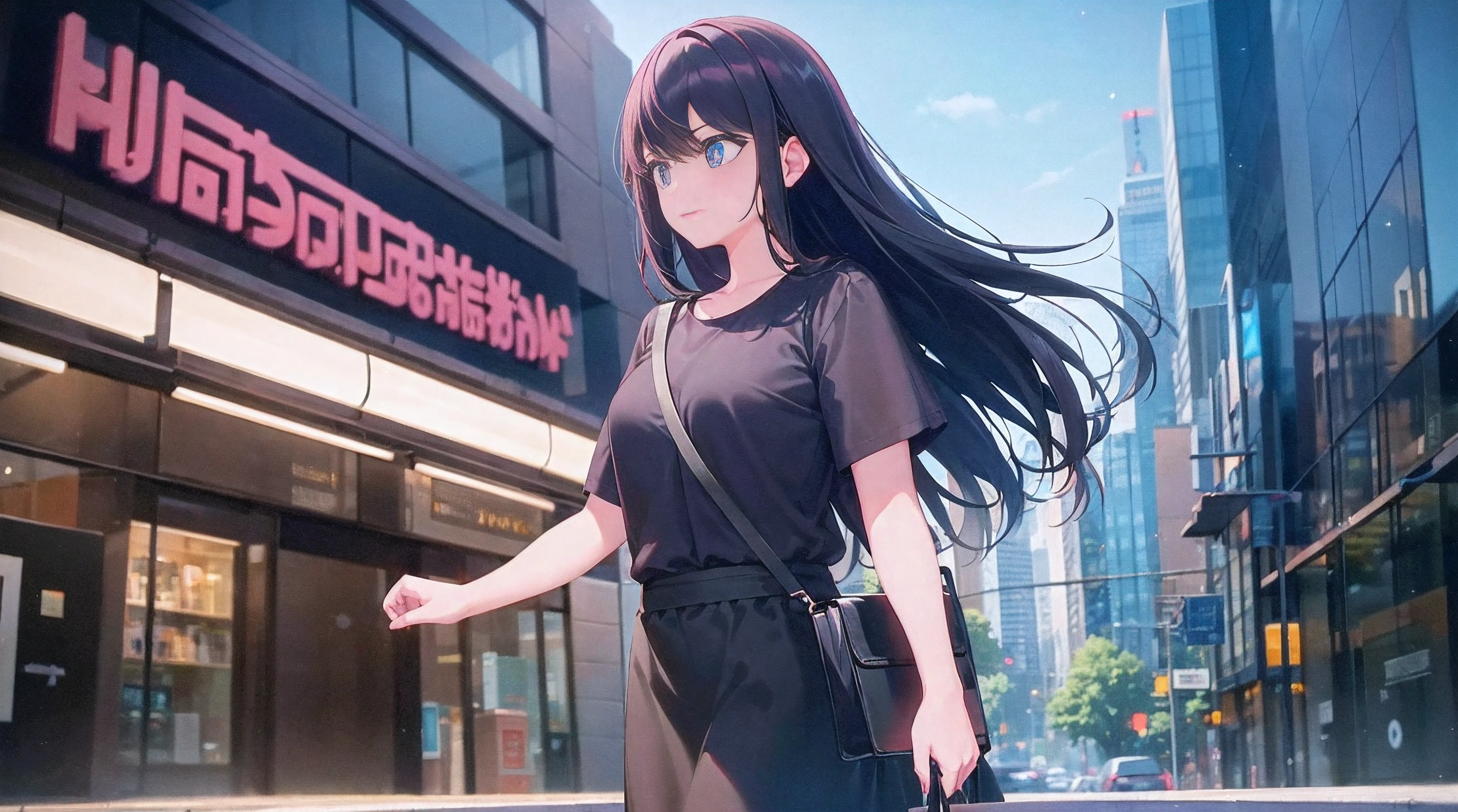 a girl with black shirt with black hair holding a shoping bag in city