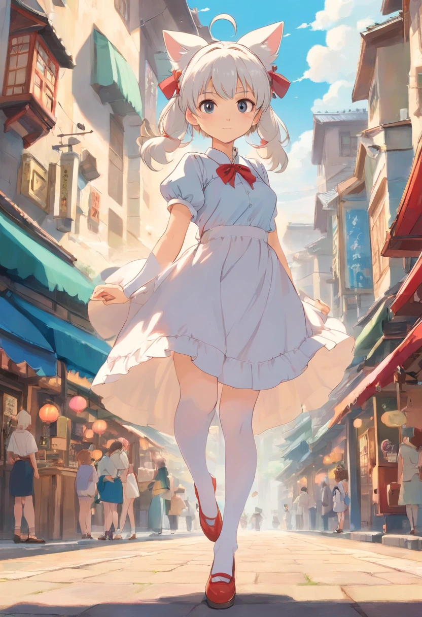 No shoes，Stand barefoot，Masterpiece，Extremely tall maiden，A giantess，Huge maiden，In the city，Full limbs，The face is delicate，White double ponytail，White eyes，White Lolita，Long-range shots，white stockings，There are cat ears on the head, white dresses， cute big breasts，Chopstick legs，Slender calves，Slender calves，High volume