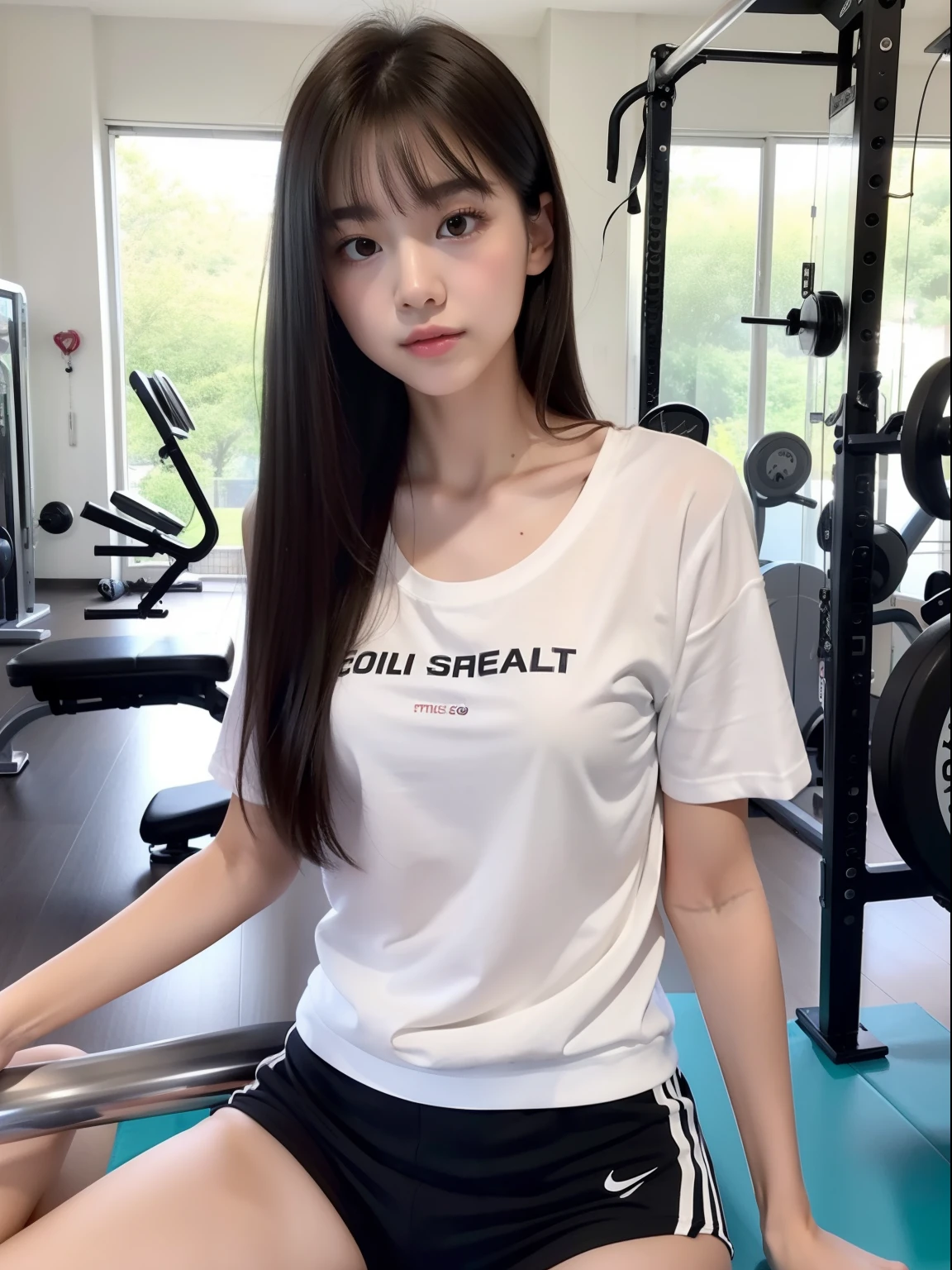 Sit up，年轻，white short pants，Long T-shirt，teens girl，Delicate body，petite body，Delicate body，small tits，tiny chest，A dark-haired，Very Longhair，Sports hall，gym