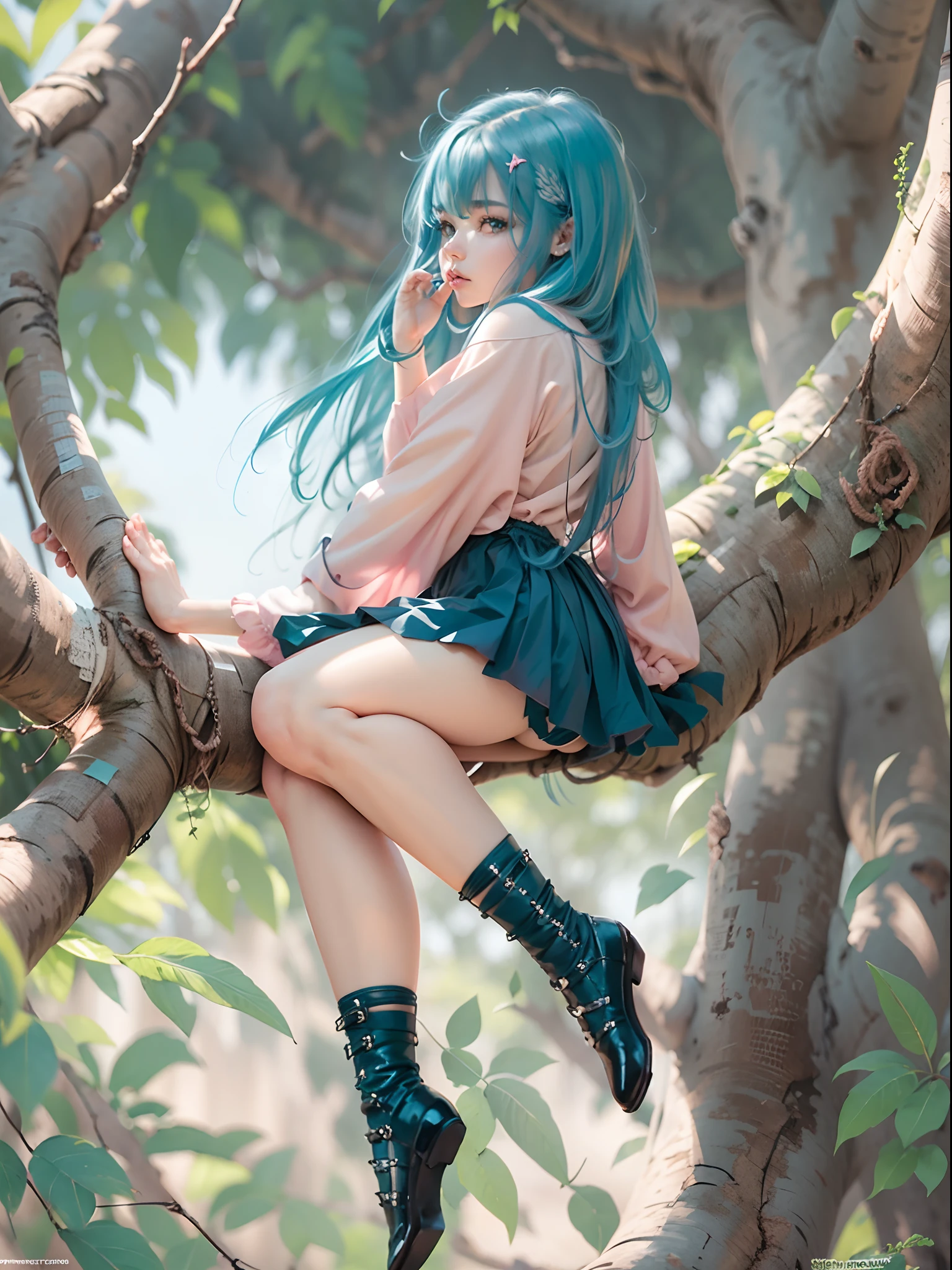 Gril, blue hair, long hair, use panty no clothes, pink panty, pose sit in big tree,