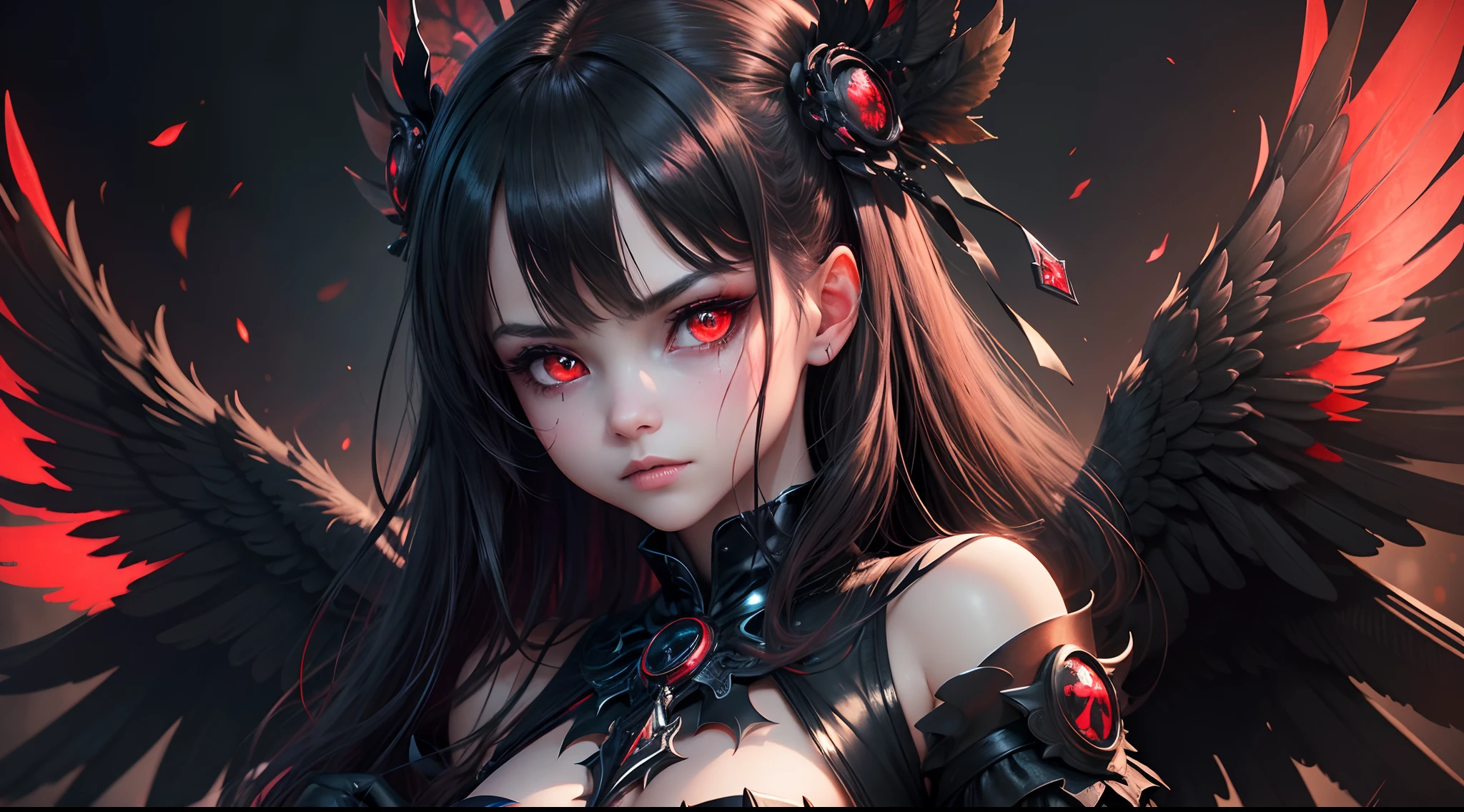 (best quality, ultra hd, realistic:1.2), fallen angel, cute and evil behavior, red eyes,black crown, black wings, glowing evil light in the background, epic look, red angel, facing camera , glowing green globe on her hand