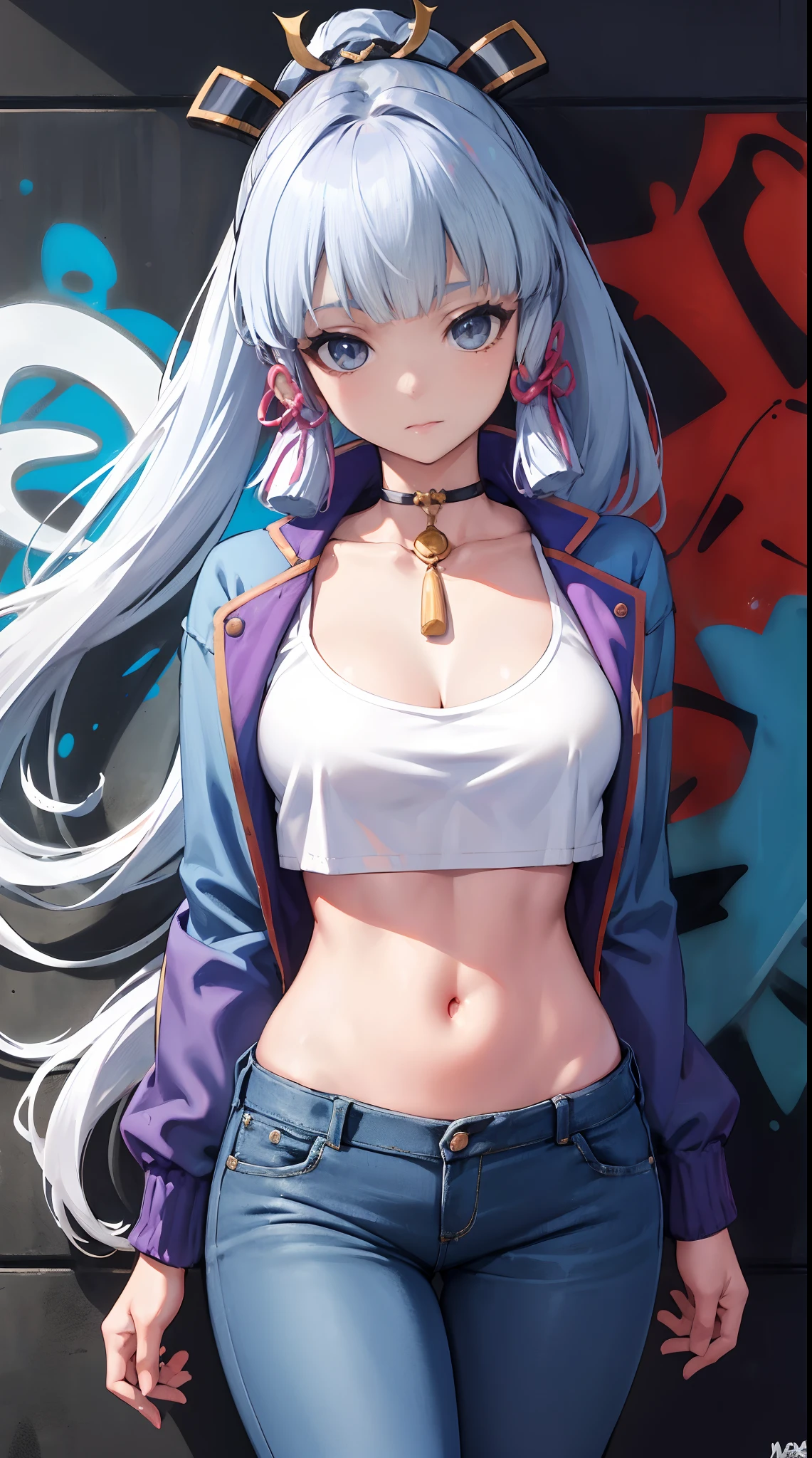 kamisato ayaka|genshin impact, master-piece, bestquality, 1girls,25 years old, proportional body, elongated legs, Beautiful, proportional., crop top, Long Jeans, mediuml breasts, ,bara, crop top, choker, (Graffiti:1.5), Splash with purple lightning pattern., arm behind back, against wall, View viewers from the front., Thigh strap, Head tilt, bored,(NSTDA.:1.2), (10, beste-Qualit, master-piece: 1.4), Beautiful red hair, ultra-high resolution, (lifelike, photorealistic portrait: 1.48), 20 age, Cute Girl, (Looking Through Crop Tops.), Famous Japanese actors, beautiful clear eyes, Head tilt, cowboy shot, from the front, looking at the audience, expressionless, Beautiful lake, Zeiss 150mm F/ 2.8 Hasselblad,  Whole body, foot, Ultra-Wide Angle,