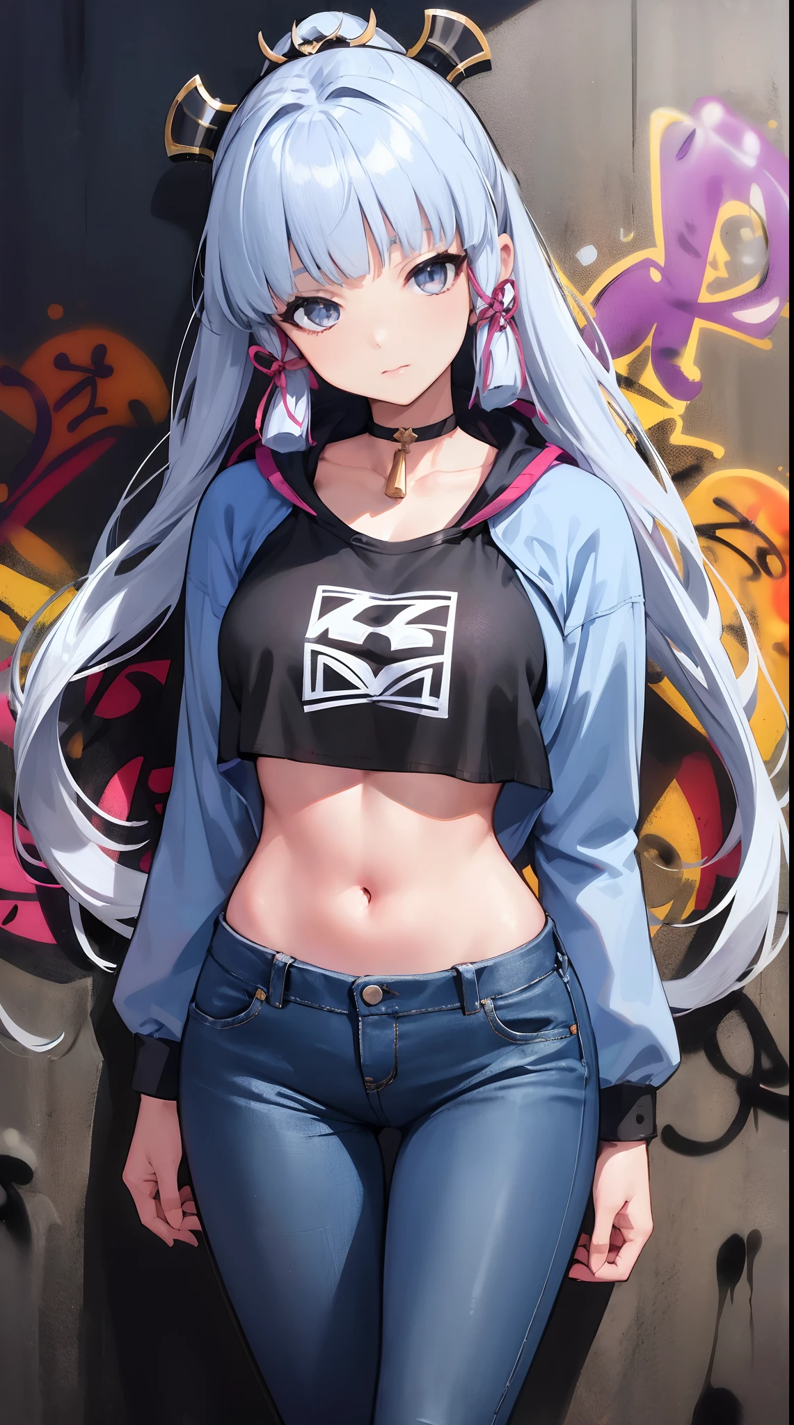 kamisato ayaka|genshin impact, master-piece, bestquality, 1girls,25 years old, proportional body, elongated legs, Beautiful, proportional., crop top, Long Jeans, mediuml breasts, ,bara, crop top, choker, (Graffiti:1.5), Splash with purple lightning pattern., arm behind back, against wall, View viewers from the front., Thigh strap, Head tilt, bored,(NSTDA.:1.2), (10, beste-Qualit, master-piece: 1.4), Beautiful red hair, ultra-high resolution, (lifelike, photorealistic portrait: 1.48), 20 age, Cute Girl, (Looking Through Crop Tops.), Famous Japanese actors, beautiful clear eyes, Head tilt, cowboy shot, from the front, looking at the audience, expressionless, Beautiful lake, Zeiss 150mm F/ 2.8 Hasselblad,  Whole body, foot, Ultra-Wide Angle,