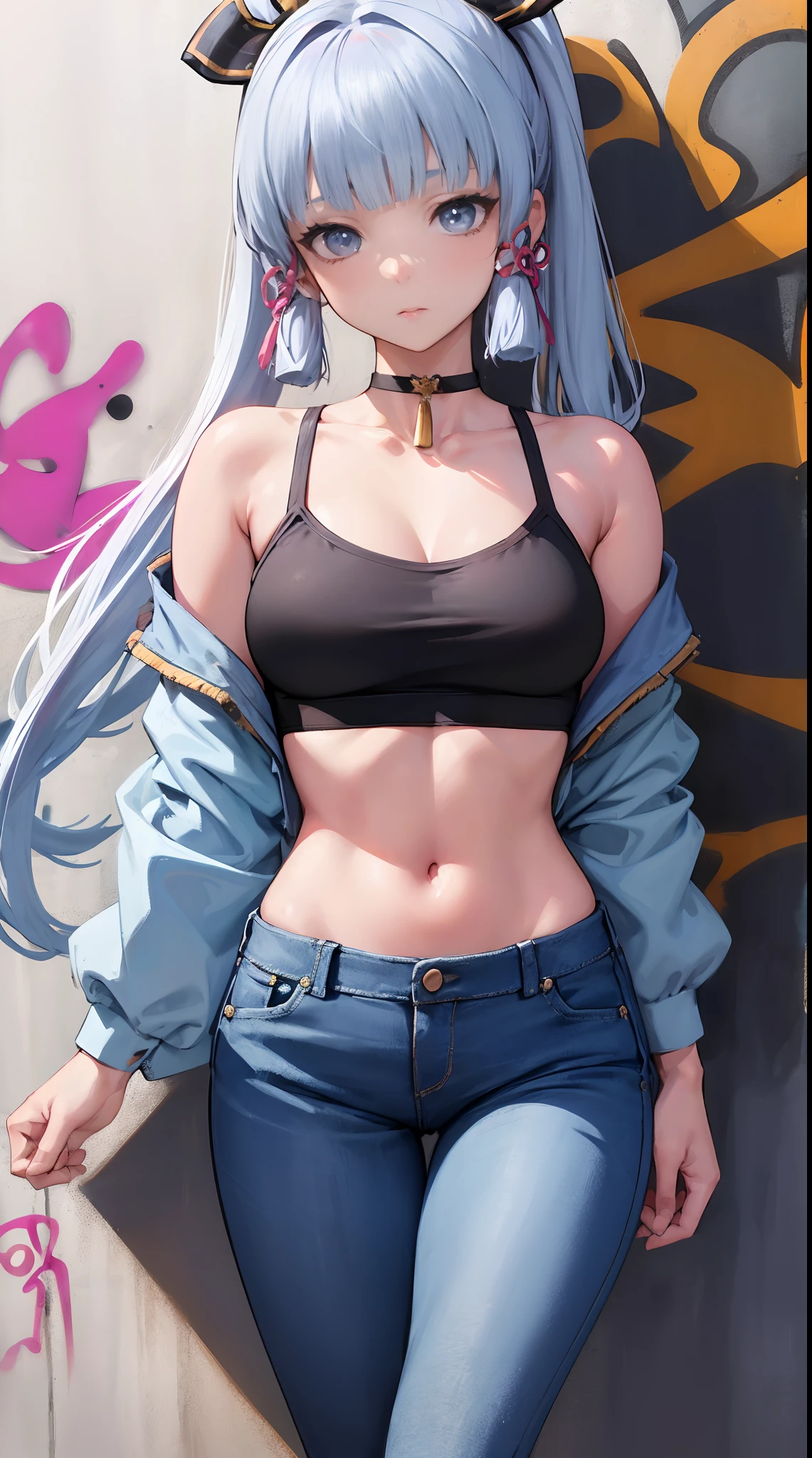 kamisato ayaka|genshin impact, master-piece, bestquality, 1girls,25 years old, proportional body, elongated legs, Beautiful, proportional., crop top, Long Jeans, mediuml breasts, ,bara, crop top, choker, (Graffiti:1.5), Splash with purple lightning pattern., arm behind back, against wall, View viewers from the front., Thigh strap, Head tilt, bored,(NSTDA.:1.2), (10, beste-Qualit, master-piece: 1.4), Beautiful red hair, ultra-high resolution, (lifelike, photorealistic portrait: 1.48), 20 age, Cute Girl, (Looking Through Crop Tops.), Famous Japanese actors, beautiful clear eyes, Head tilt, cowboy shot, from the front, looking at the audience, expressionless, Beautiful lake, Zeiss 150mm F/ 2.8 Hasselblad, Whole body, foot, Ultra-Wide Angle,