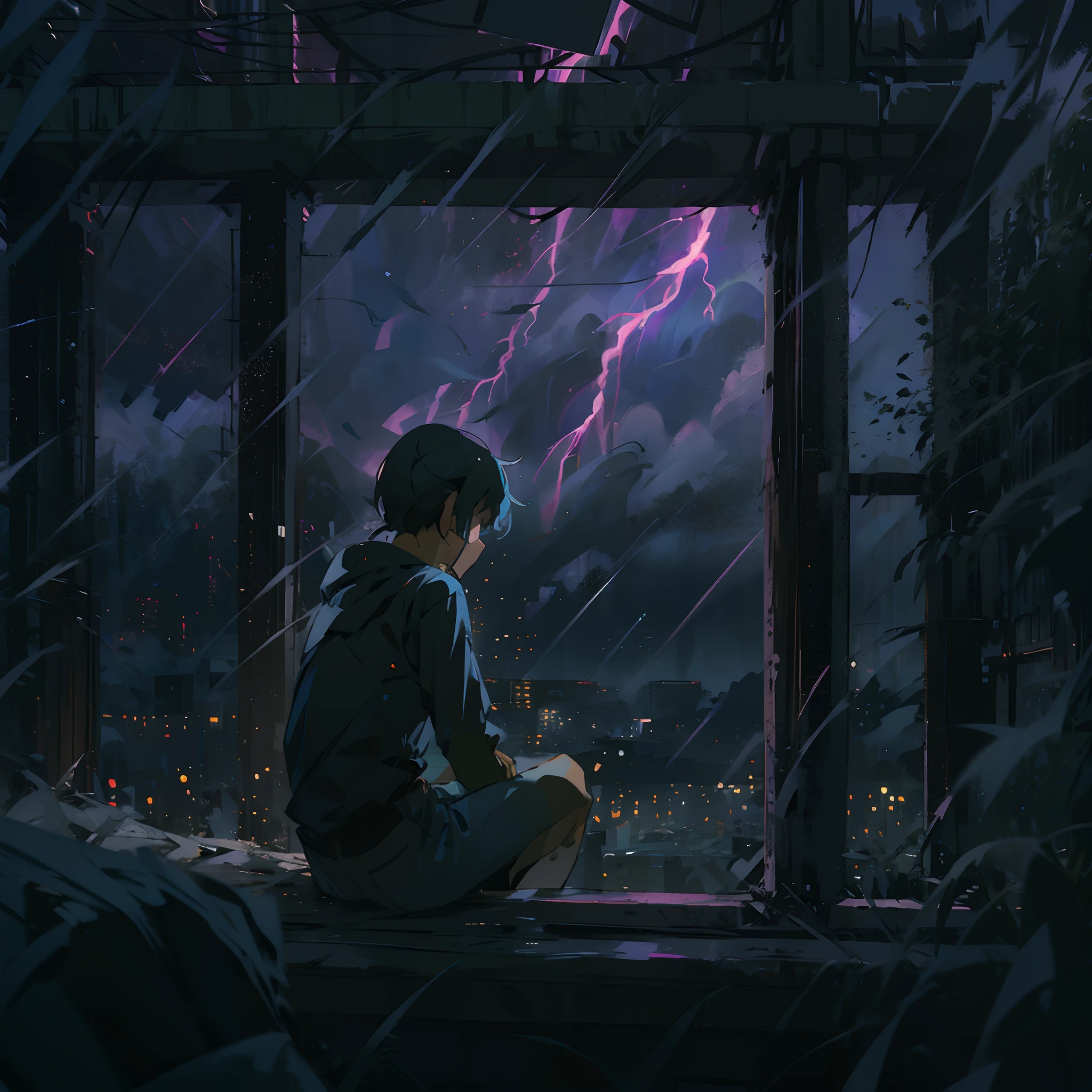 A sitting through a storm,very dark and scary, lightning outside the window,dark clouds,anime artstyle