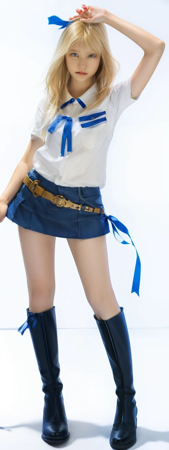 A girl, blond hair with blue ribbon, white blue short sleeves shirt, blue short skirt, whip, long boots, glowing skin, perfect finger holding key