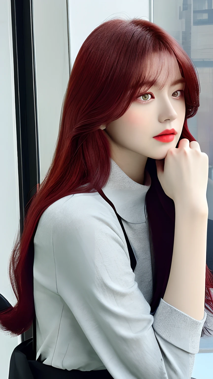 femele，Dark red hair，Medium long hair，Look out the window，Hands on chins，Black eyes，Black collar