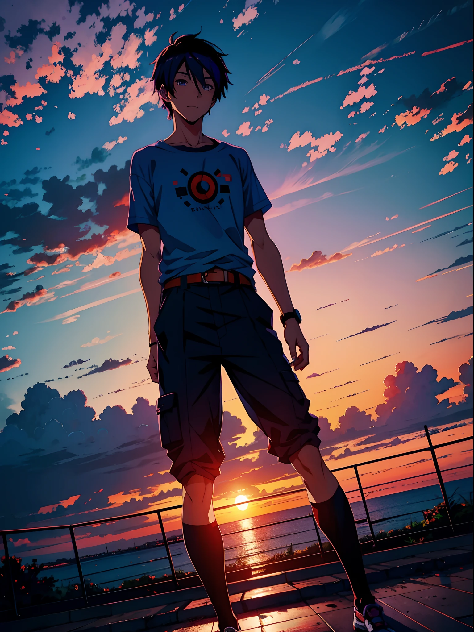 anime guy and beautiful sunset, blau, purple and orange colors, rustic