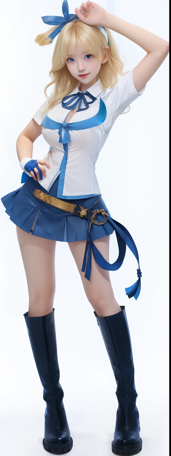 A girl, blond hair with blue ribbon, huge boobs, white blue short sleeves shirt, blue short skirt, whip, black long boots, glowing skin, perfect finger holding key