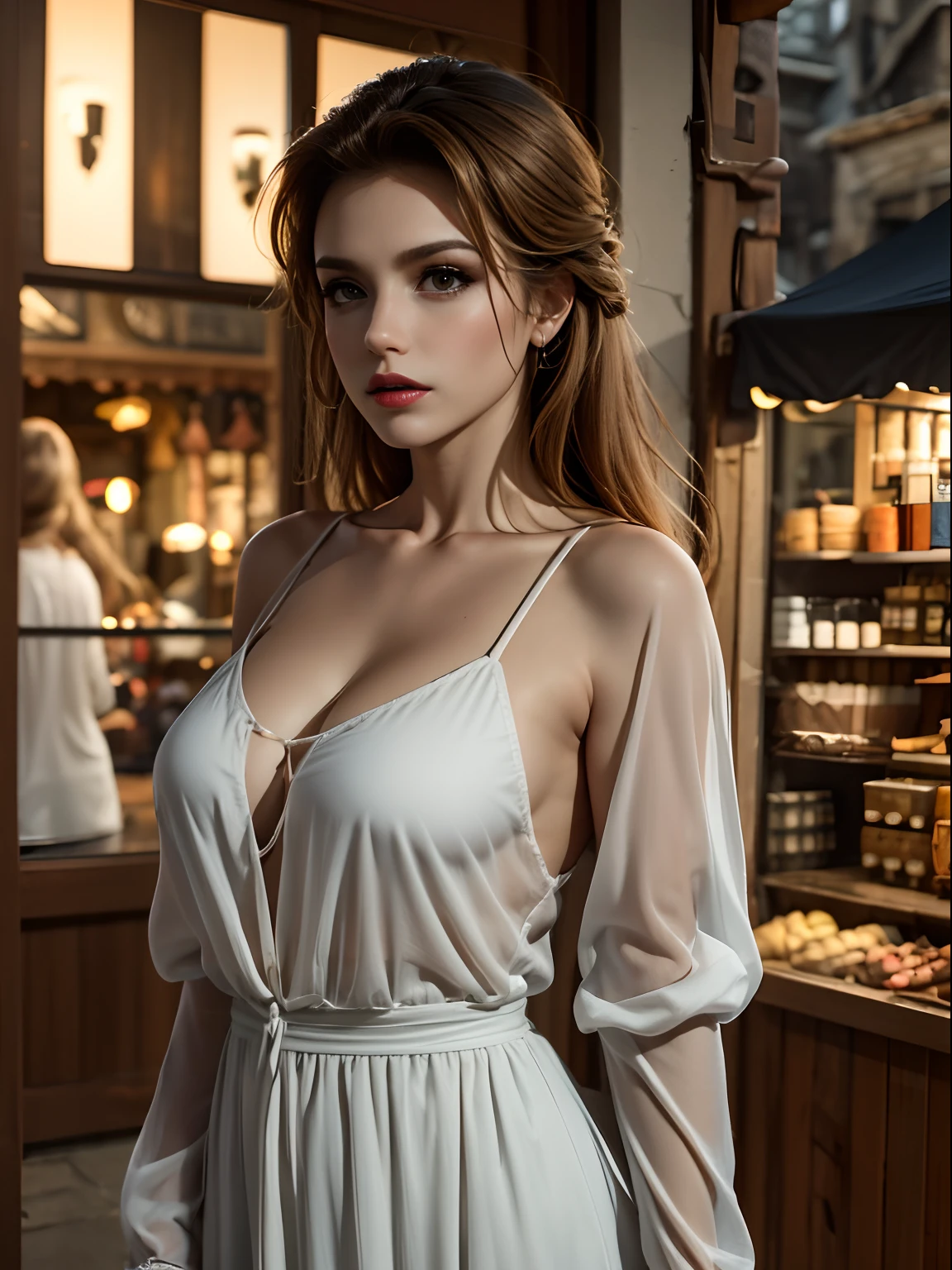 1girl in, Solo, Rustic homemade dress Rustic brown, Made from coarse wool, With a loose smock-like fit, High Waistline, and three-quarters long sleeves, madame, Average Height, Lean, Triangular face, skin tanned, honey blonde hair, Ice blue eyes, [[curved nose]], Full lips, Round chin, Long hair, Thick hair, Tapered Afro, Natural breasts, , Black sheer lipstick, Bend to the side with one arm reaching above your head, An enchanting medieval market bustling with merchants and lively townspeople, angry, Proud, :] , Breathtaking, Intricate details, absurderes, hight resolution, ultra-detailliert, Highest Quality, Amazing details,
