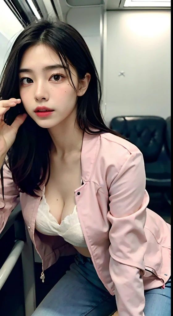 Ultra photo realsisim), Ultra-clear image quality，(Ultra detailed)，(Delicate facial features)，(Eye for details)，In a subway car，A woman grabs a handrail，skintight jeans，sweat leggs，The skin is delicate and smooth，Sexy pink lingerie，Short color random jacket，beautiful decollete，鎖骨，The body is superlative，Medium chest，The buttocks are round and full，Raised sexy，focus person，(Stand sideways)