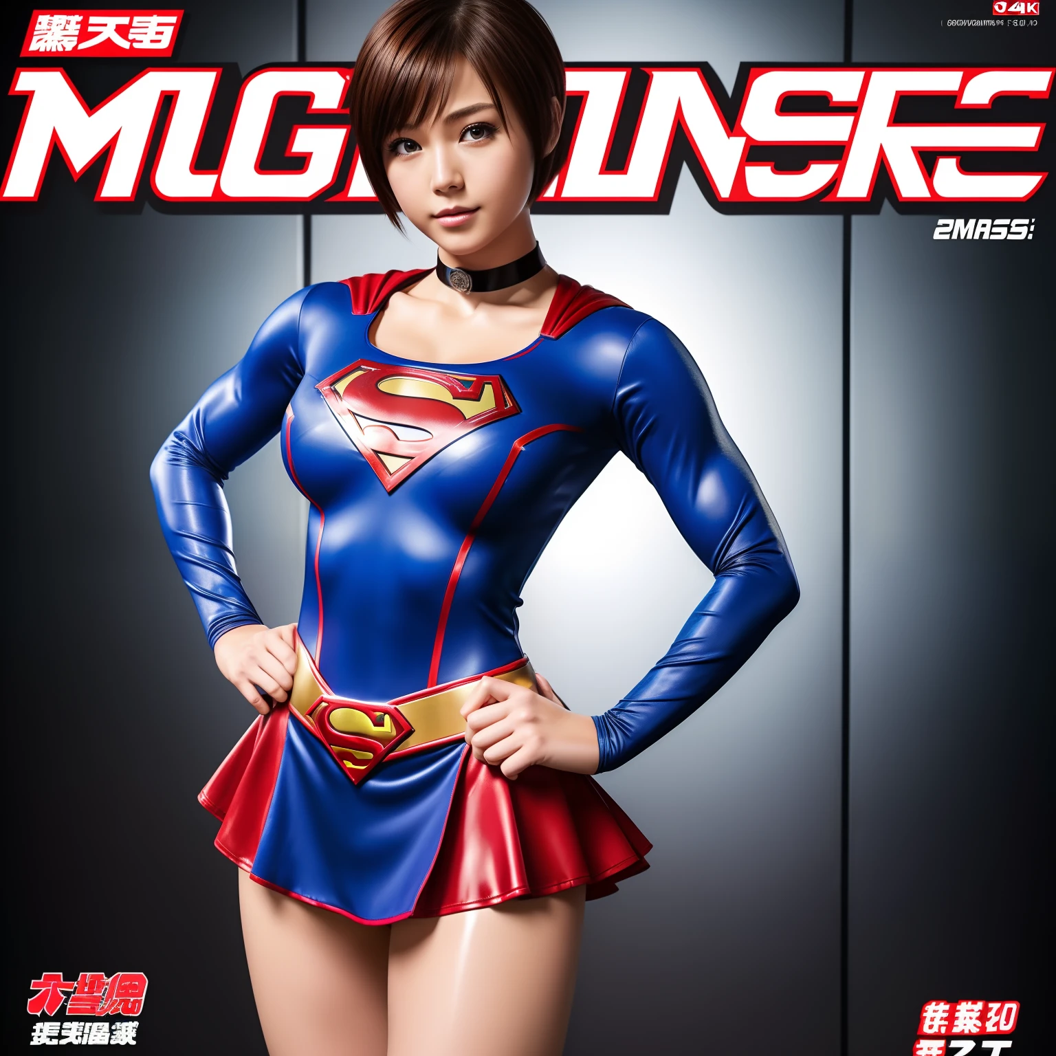 (Best Quality,4K,8K,hight resolution,masutepiece:1.2),Ultra-detailed,Realistic:1.37,Super masterpiece,Short-haired Supergirl、Gymnasium、bare-legged、Looking at the camera、large full breasts、Too short miniskirt、highleg、Wrestlers、Magazine covers、Glossy costume、a choker