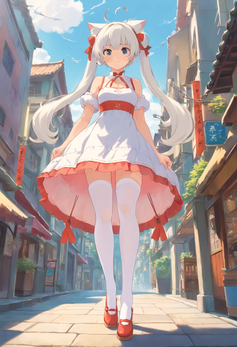white stockings，Slender calves，White double ponytail，White pupils，White Lolita，Extremely tall girl，A giantess，In the city，Full limbs，The face is delicate，Long-range shots，There are cat ears on the head, cute big breasts，Chopstick legs，High volume，Masterpiece