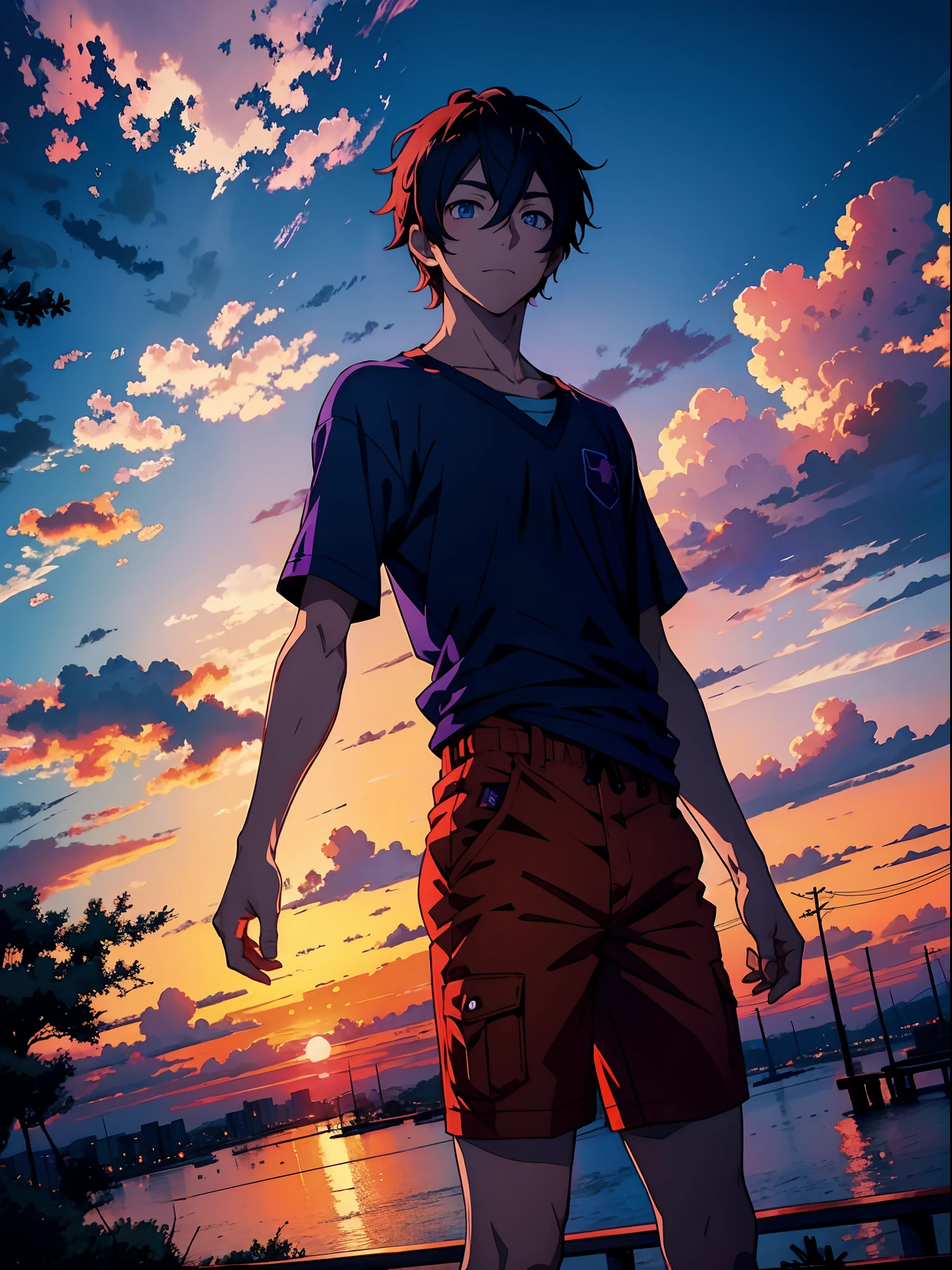 anime guy and beautiful sunset, blau, purple and orange colors, rustic