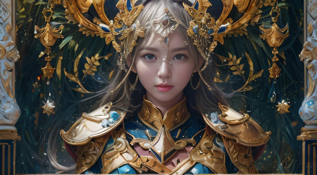Water Goddess 32K,复杂,ellegance,highly detailed,A majestic,Digital photography,Autumn cowboy shot,surrealism painting,Broken rubies,Beating magic,Entwined water magic,(tmasterpiece,Cinematic light,Fine beautiful eyes:1.2),hdr,Void 5 Energy Storm,(China 1 girl,Black eyes:1.5),Rouge skin,Glowing skin,(sitting on the stone:1.5),delicated face,Black color hair,Wear palatial gold armor,cropped shoulders,,short skirt,Beautiful gold armor,Rained,big breasts beautiful,looking at viewert,Face away from the camera,tmasterpiece,Side whole body,Side portrait close-up