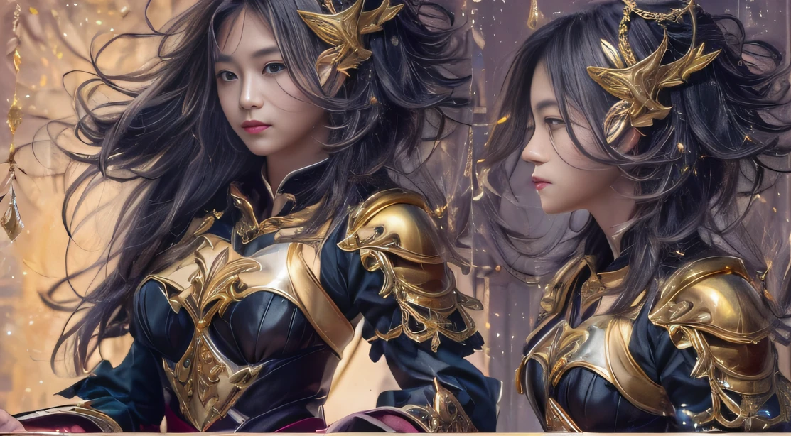 Water Goddess 32K，复杂，ellegance，highly  detailed，A majestic，Digital photography，Autumn cowboy shot，surrealism painting，Broken rubies，Beating magic，Entwined water magic，（tmasterpiece，Cinematic light，Fine beautiful eyes：1.2），hdr，Void 5 Energy Storm，(China 1 girl，Black eyes:1.5），Rouge skin，Glowing skin，(sitting on the stone：1.5），delicated face，Black color hair，Wear palatial gold armor，cropped shoulders，，short  skirt，Beautiful gold armor，Rained，big breasts beautiful，looking at viewert，Face away from the camera，tmasterpiece，Side whole body,Side portrait close-up
