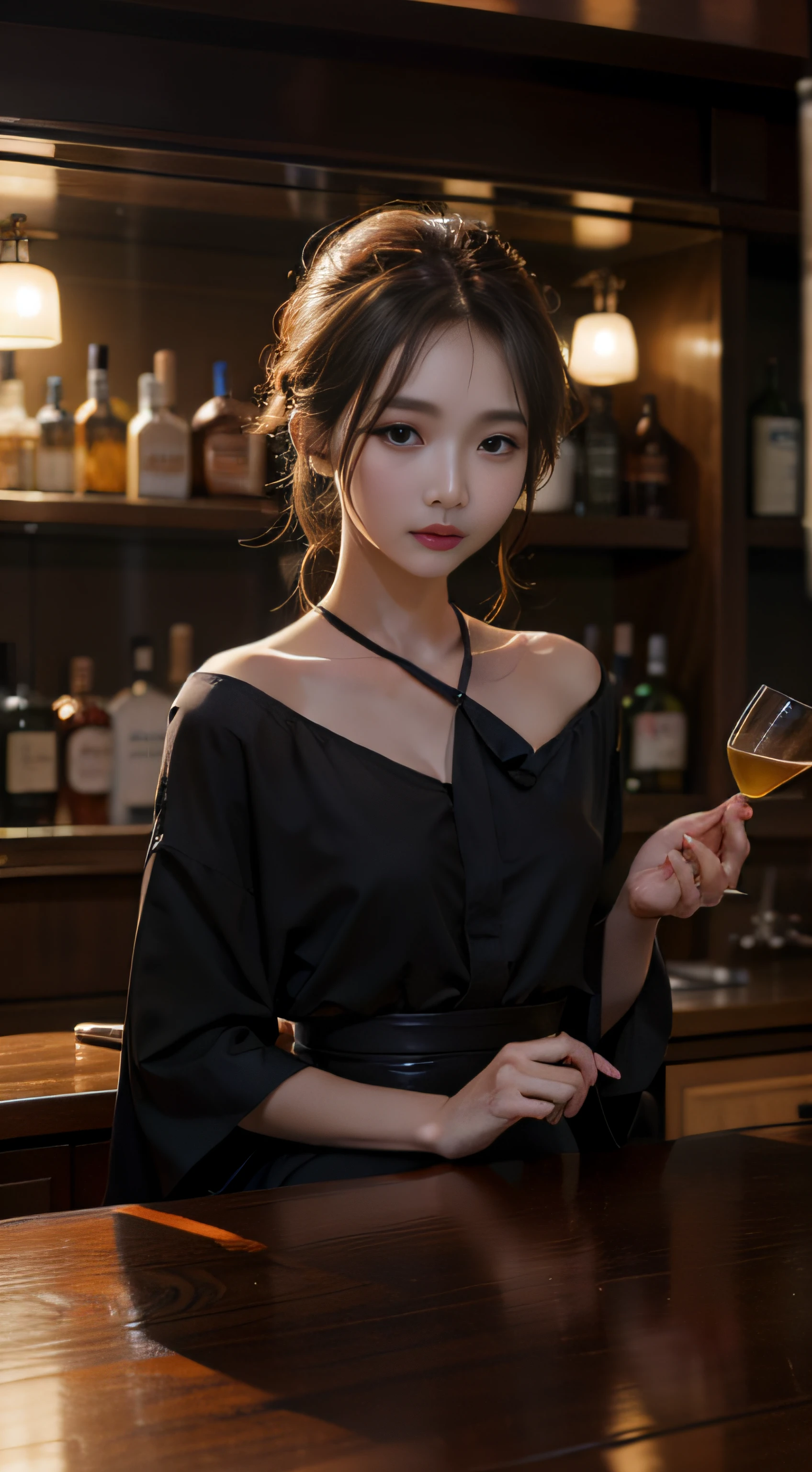 a bar counter、Beautuful Women、Transparent skin、hiquality、pureerosface_v1:0.8、depth of fields