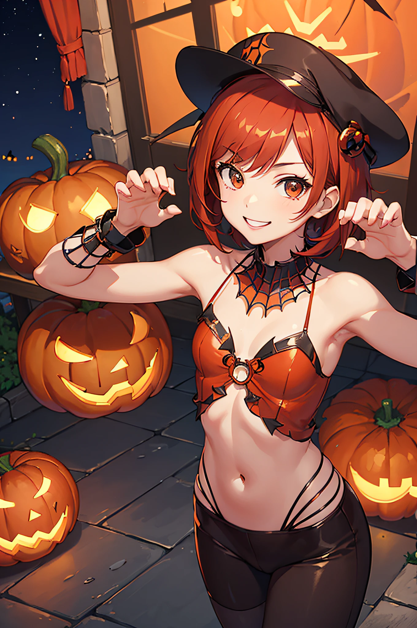 (masterpiece, best quality:1.2), solo, 1girl, smile, looking at viewer, (claw pose:1.1), short red hair, peaked cap, brown eyes, naked bandage, night, halloween, jack-o'-lantern, spider web