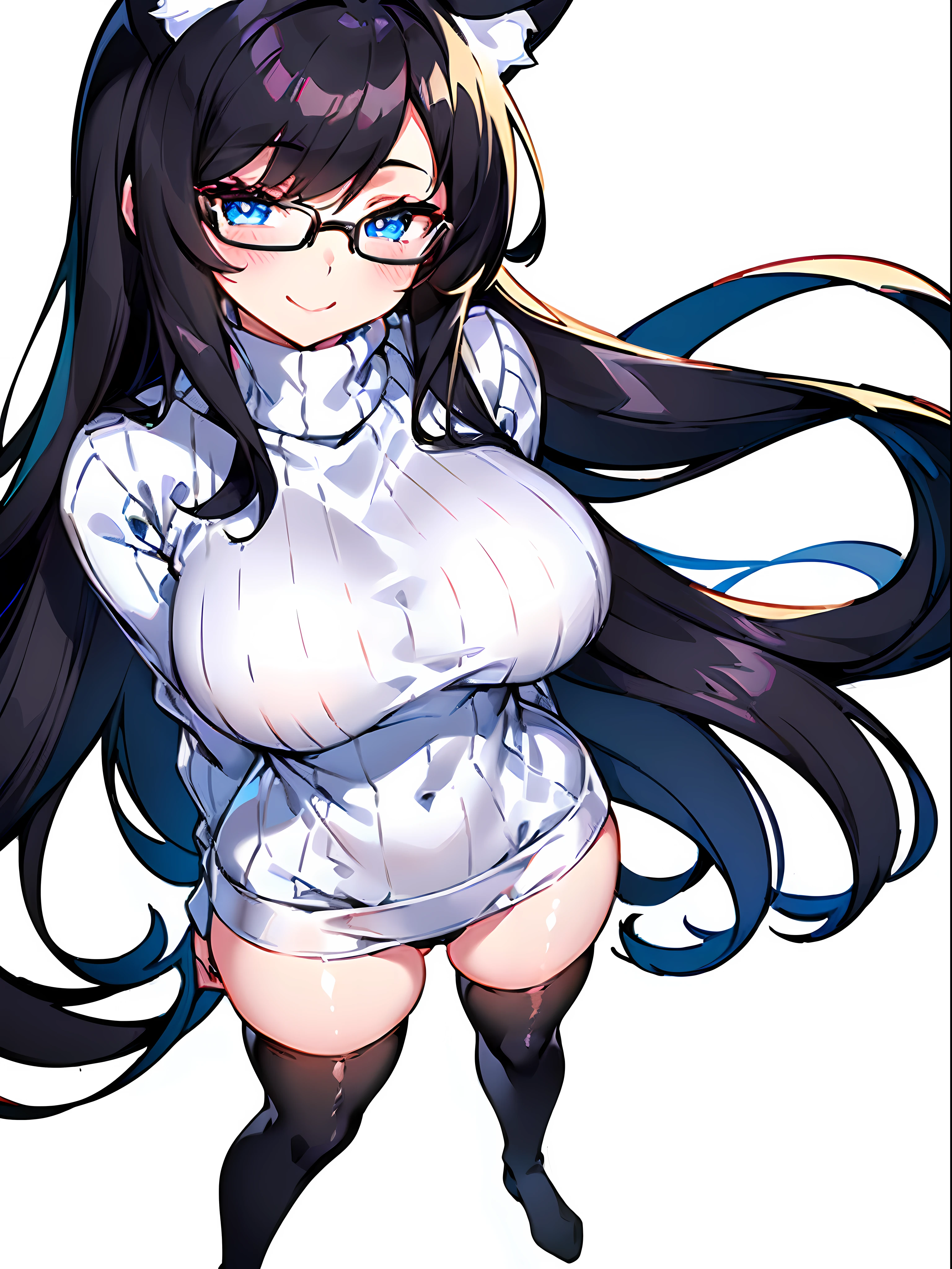 1girl, solo, masterpiece, (((anime adult woman in a WHITE turtleneck cotton sweater outfit))), (beautiful detailed eyes), blue eyes, (((smiling))), (black cat ears), black hair, black straight hair, (((blushing))), (((lying down on back))), ((both hands up)), facing viewer, anime moe artstyle, (((with WHITE thigh highs))), (((no shorts))), (((showing black panties))), spectacled, with BLACK glasses on, attractive anime girl, (((white background))), ((perfect hands)), (perfect anatomy), (((down to up view))) (((full body))), (high resolution), ultra sharp, 8k
