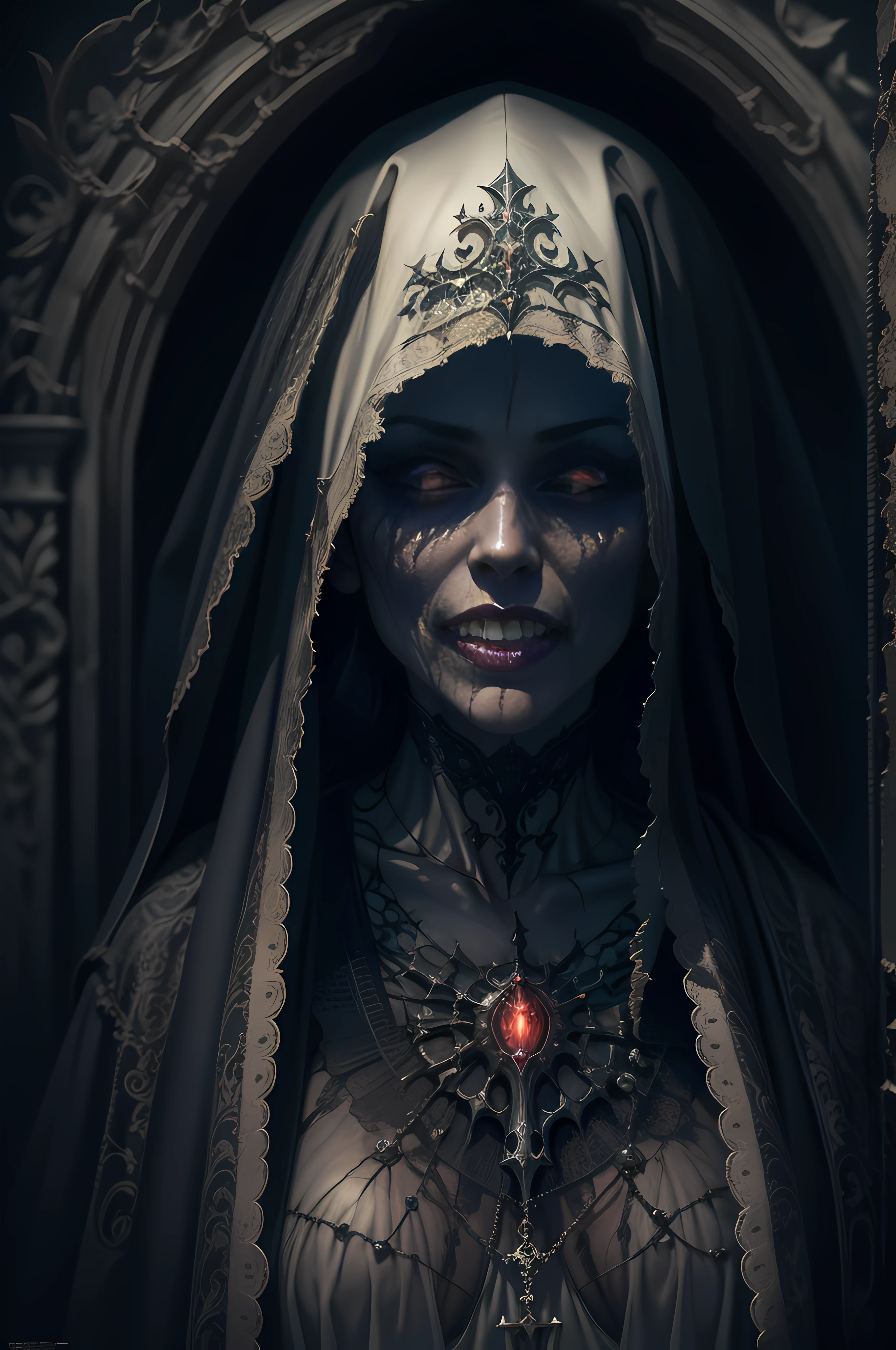 Scary nun, unholy, creepy, horror, dark, ghoul, intricate design and details, photography lighting, photorealistic, cinematic