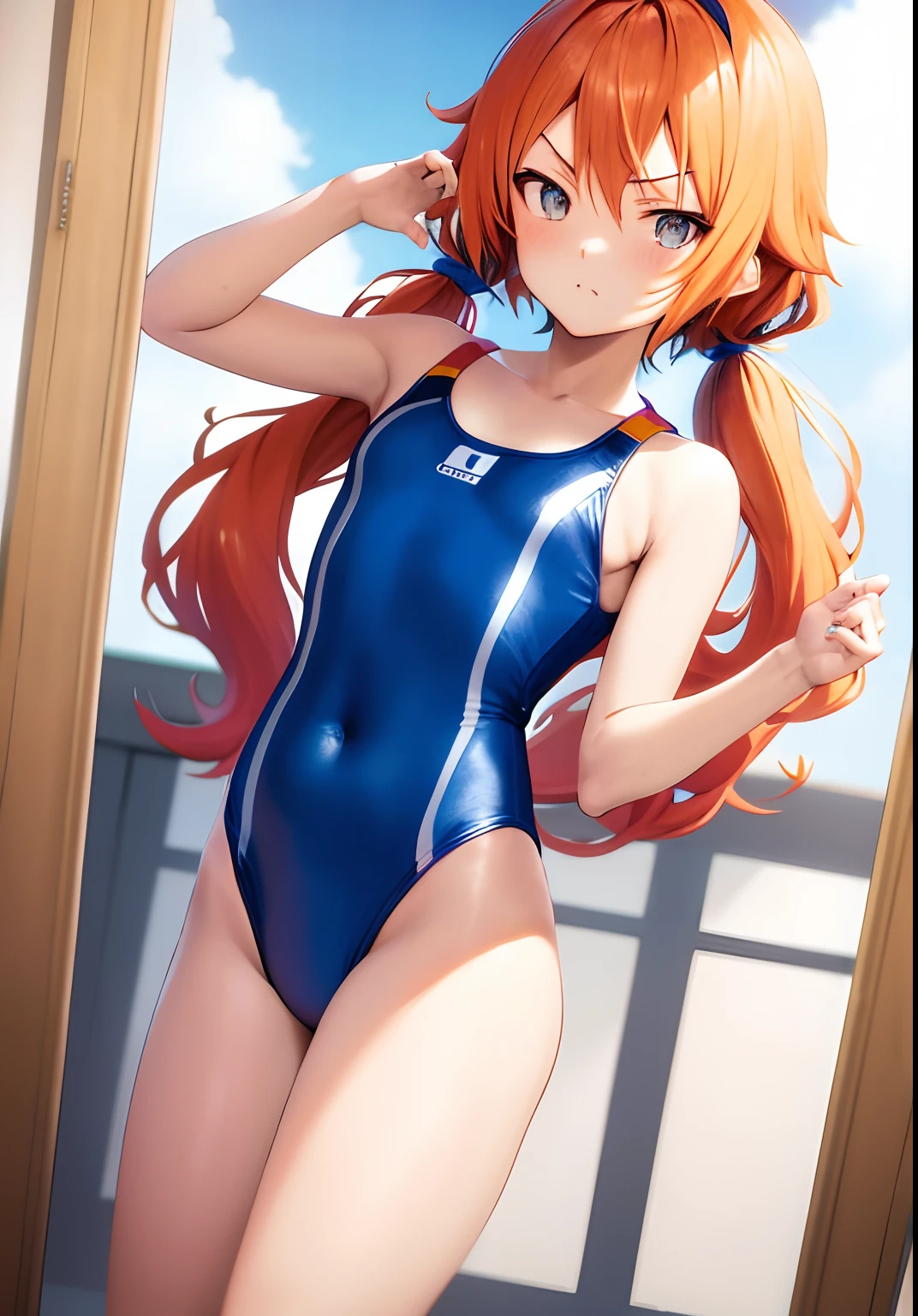 Anime boy in blue swimsuit posing in front of mirror, He has long orange-brown hair, Boy with long two-side-up hair in orange, Boy with brown long twin tail hair, Blue-eyed boy, garments:High-cut swimwear, wearing a swimming wear, Cool anime boy in blue tanksuit, Wearing swimwear, Competitive swimsuit, Swimsuit, highleg, onepiece swimsuit, Seductive Anime Boy, sparky swimsuit, Commission for high resolution, (Anime Boy), Rin, Bare shoulders, bare legs,