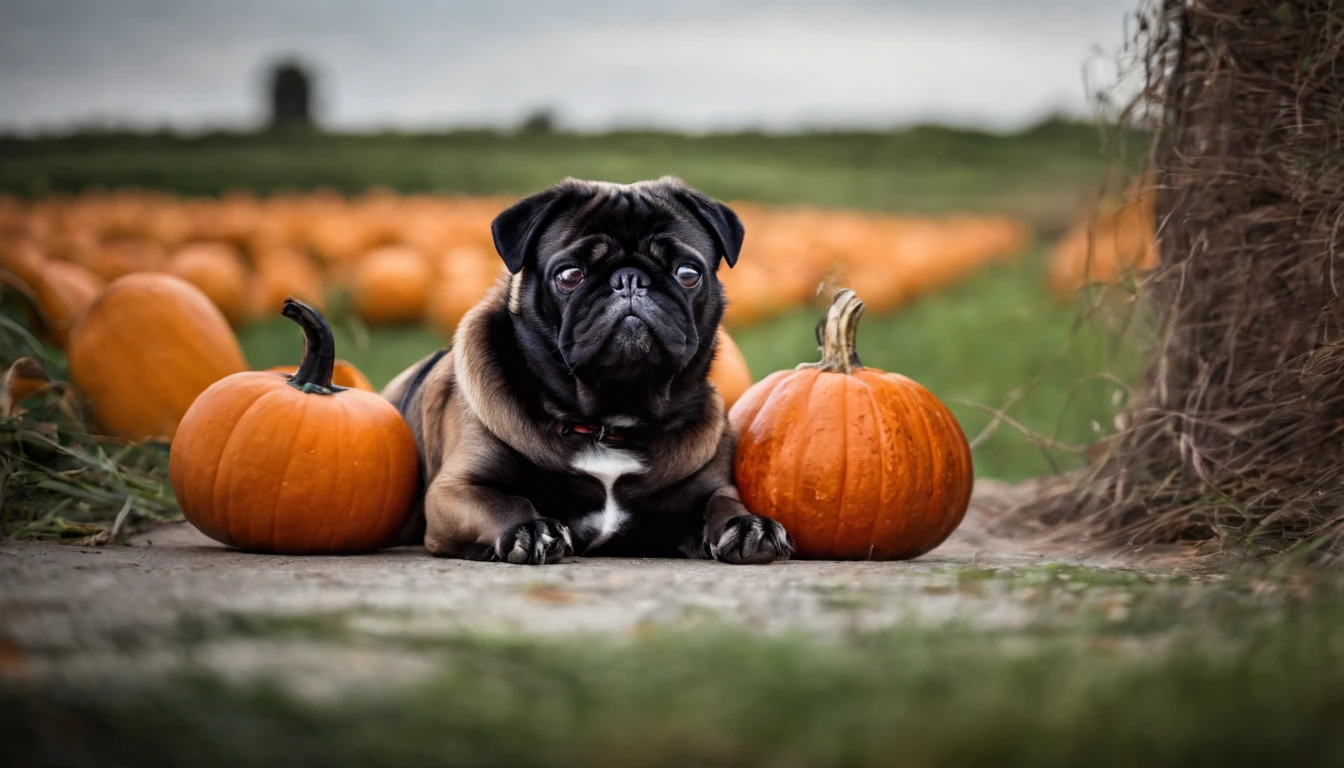 pug wearing pumpkin hat inside a pumpkin, macro.