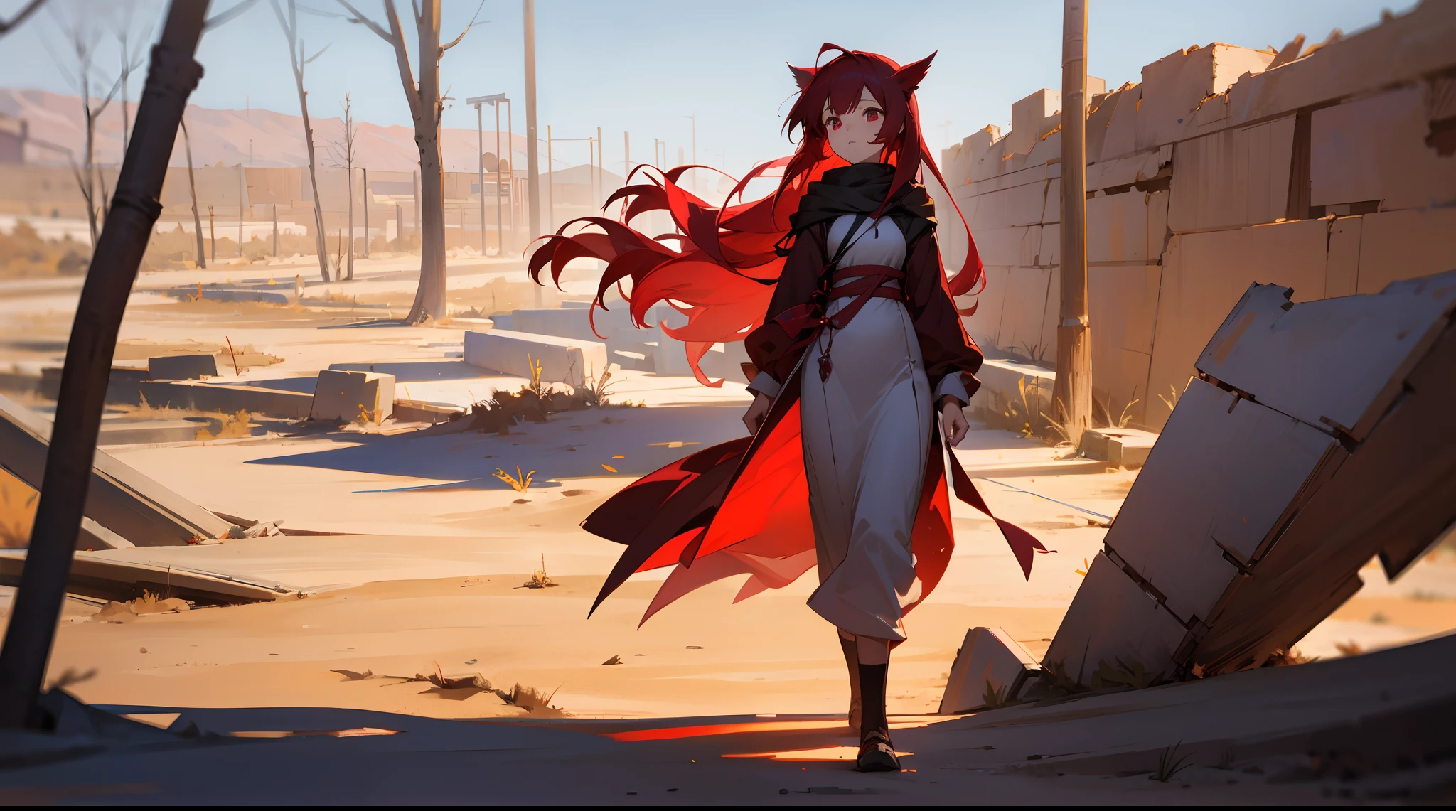 [Anime 1.5], anime girl walking in desert ruins, maple trees, crimson long elegant hairs, crimson eyes, walking alone, 1girl