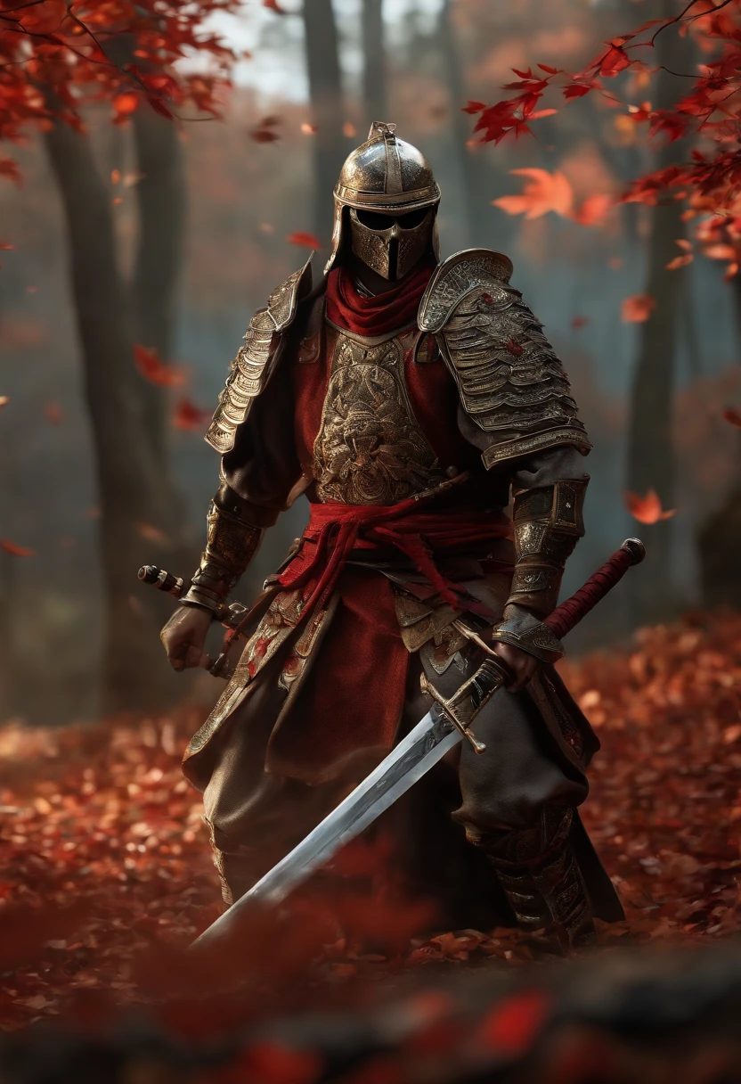 (8k, 16k, award winning, highest quality, high resolution, super detail, photorealistic, raw photo, masterpiece: 1.3), Highly detailed 4K resolution digital artwork, skeleton swordsman, samurai, lighting is dynamic, enhanced Intricate details, splash art with triadic colors and deep tones, storybook style, warriors without hair, optimal camera model and lens, Japanese sword, large trees with autumn leaves, red leaves, returning blood, overwhelming beauty Many swords are stuck in the ground, a symbol of strength.