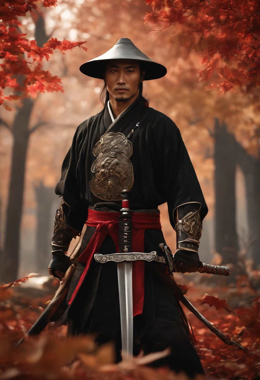 (8k, 16k, award winning, highest quality, high resolution, super detail, photorealistic, raw photo, masterpiece: 1.3), Highly detailed 4K resolution digital artwork, skeleton swordsman, samurai, lighting is dynamic, enhanced Intricate details, splash art with triadic colors and deep tones, storybook style, warriors without hair, optimal camera model and lens, Japanese sword, large trees with autumn leaves, red leaves, returning blood, overwhelming beauty Many swords are stuck in the ground, a symbol of strength.