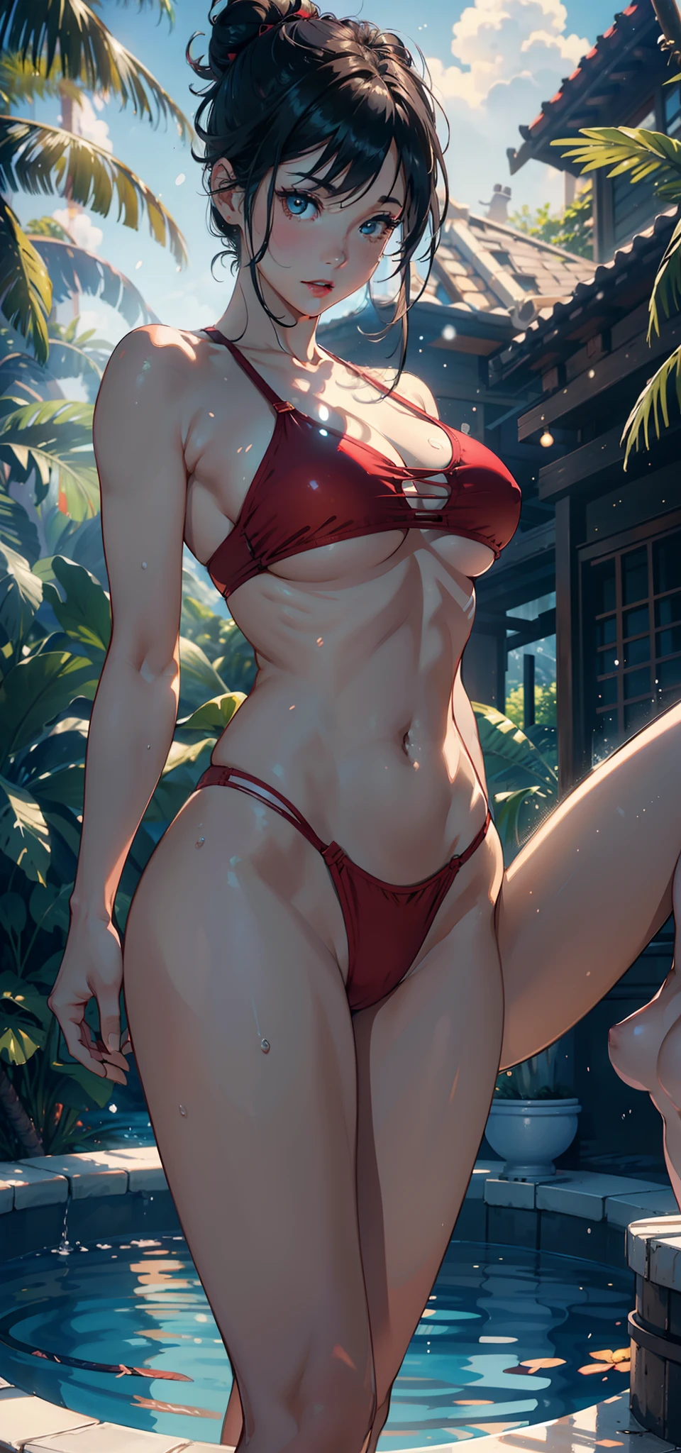 1female，35yo，plumw，extremely large bosom，Big  Thin waist，Long legs， 独奏，（Background with：，tropical，Swimming pool），legs are open，Bare genitalia，Bare ， She has short black hair，standing on your feet，seen from the front， single hair bun， mostly cloudy sky，（（（tmasterpiece），（Very detailed CG unity 8K wallpaper），best qualtiy，cinmatic lighting，detailed back ground，beatiful detailed eyes，Bright pupils，Black eyes，Snow-whiteskin，Redlip（Very fine and beautiful），（Beautiful and detailed eye description），ultra - detailed，tmasterpiece，））facing at camera，A high resolution，ultra - detailed），revealing breasts，Bare ，  Bulge，legs are open，Raised sexy，Camel toes，Flushed complexion，Desire for dissatisfaction，frontage，Red and blue color scheme，swim wears，Superman uniform