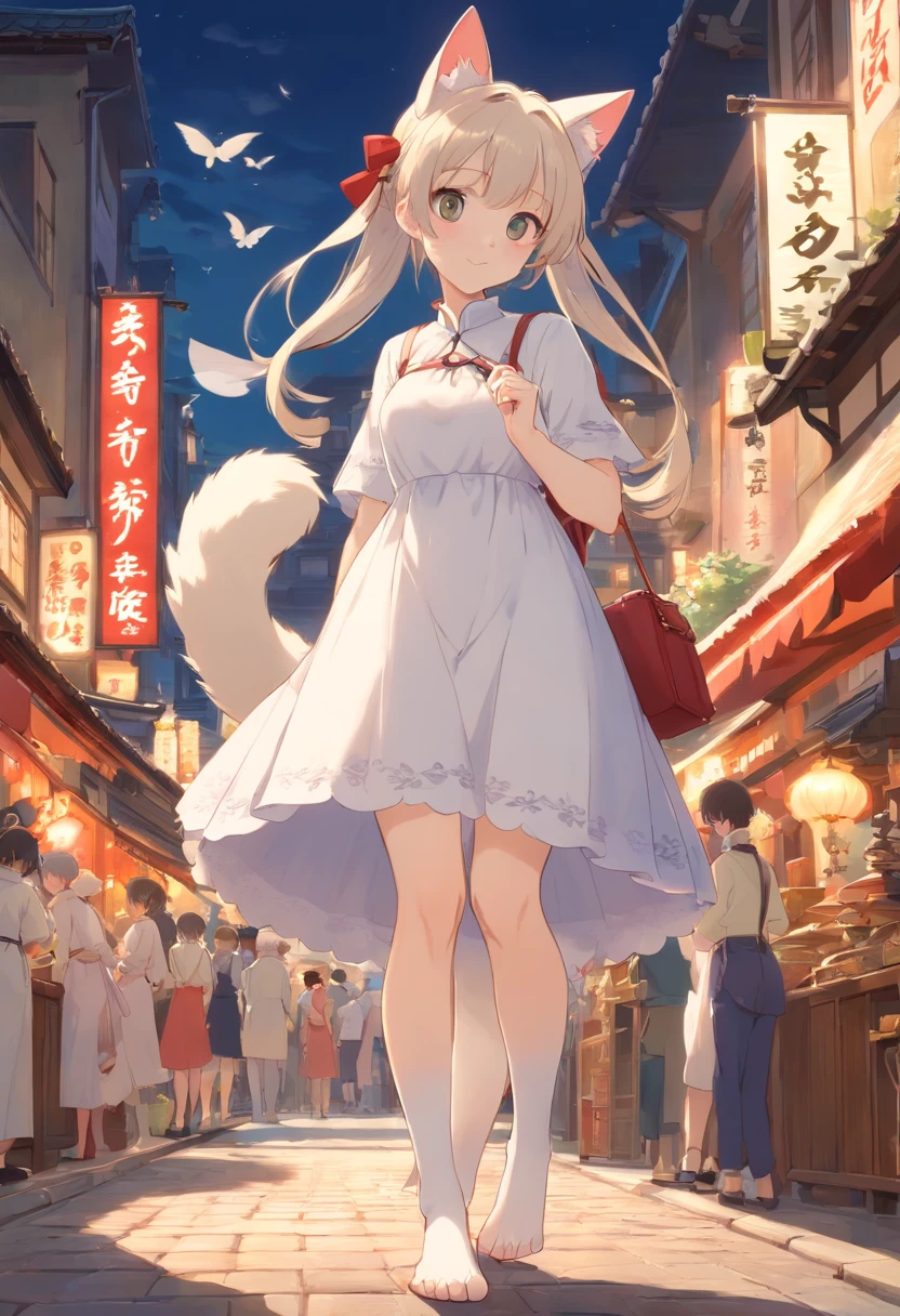 No shoes,Stand barefoot,Masterpiece,Extremely tall maiden,A giantess,Huge maiden,In the city,Full limbs,The face is delicate,White double ponytail,White eyes,White Lolita,Long-range shots,white stockings,There are cat ears on the head, white dresses, cute big breasts,Chopstick legs,Slender calves,Slender calves,High volume